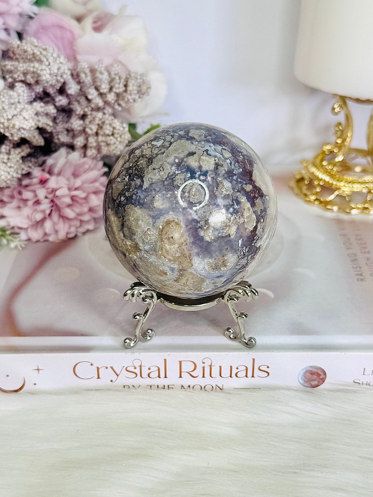 Gorgeous Natural Cherry Agate Carved Sphere On Stand 371grams