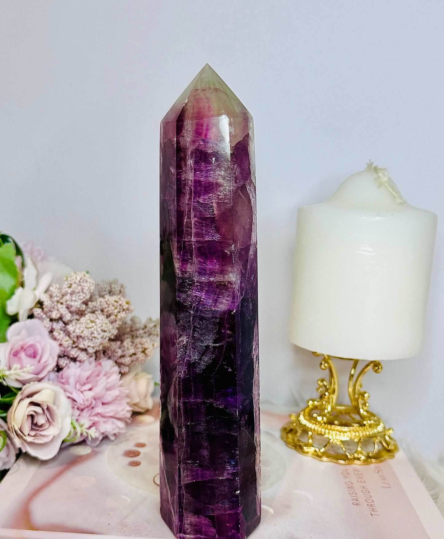 Large 20cm Stunning Purple Fluorite Tower with Rainbows (the tower has a slight tilt)
