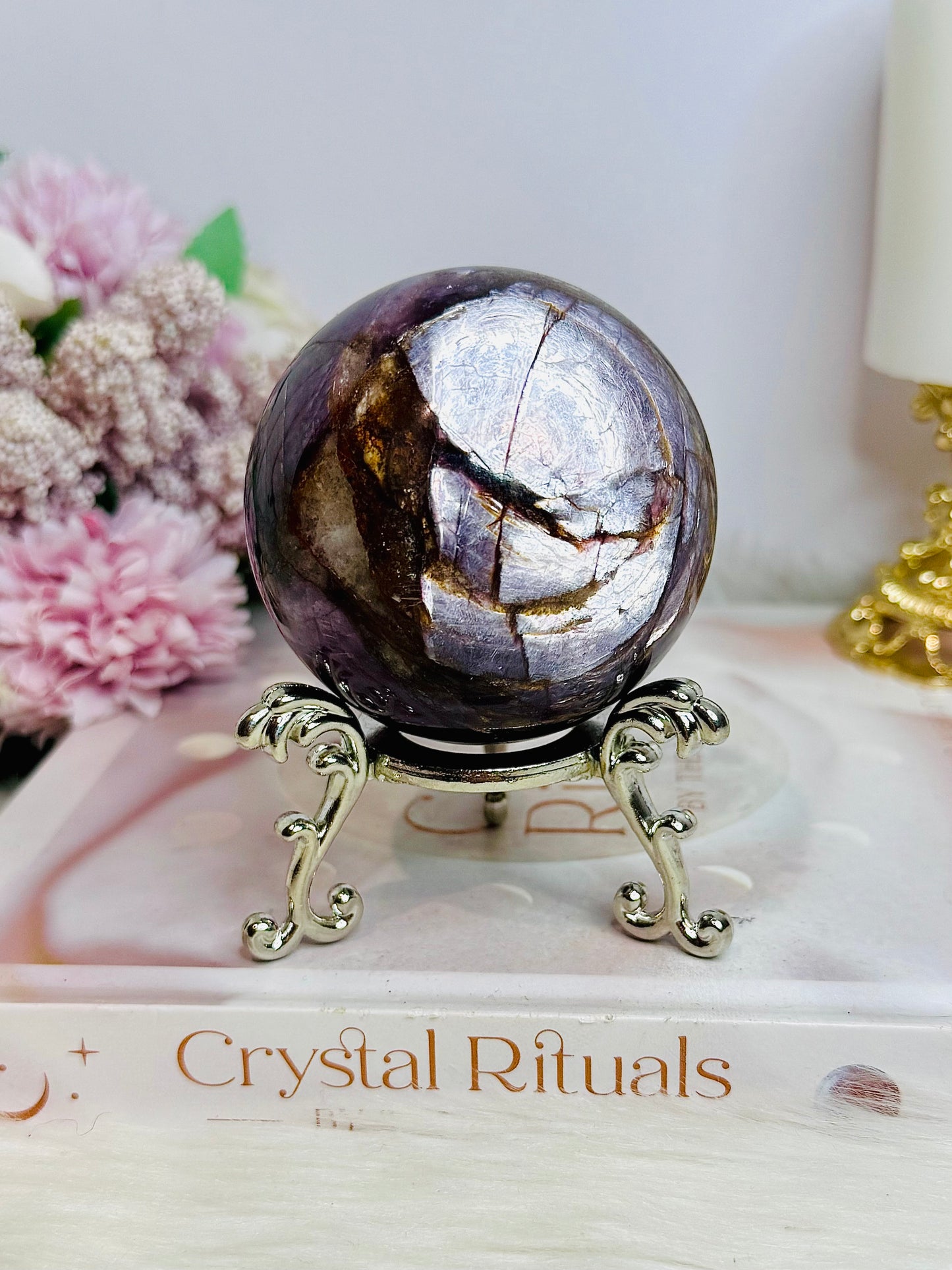 Large High Grade Purple Mica Sphere 448g On Stand