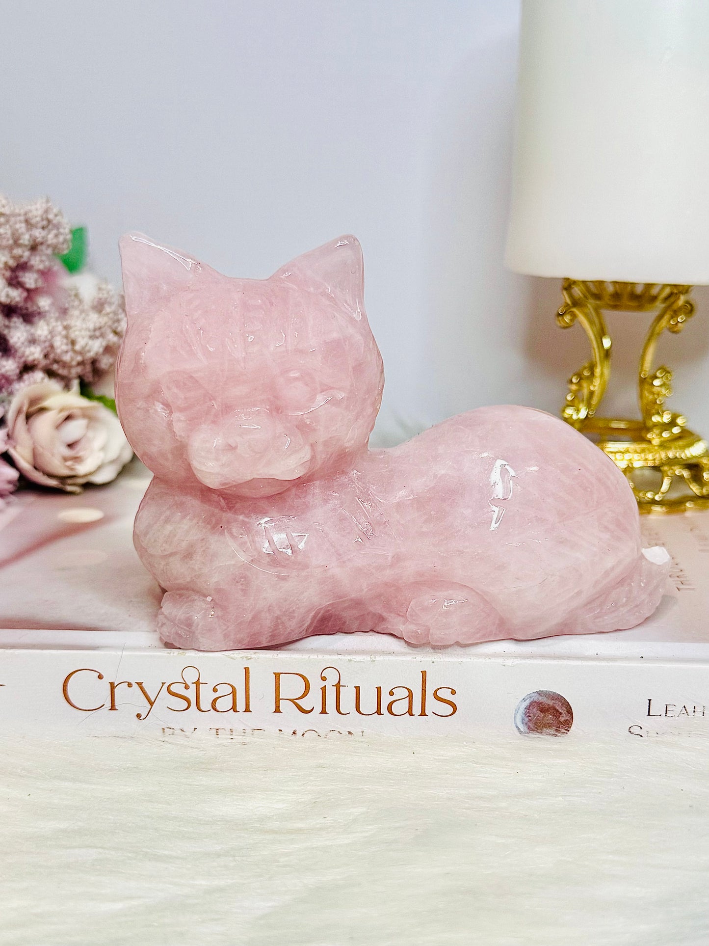 Large Rose Quartz Carved Cat 11cm 488g (Small Chip On Tail)