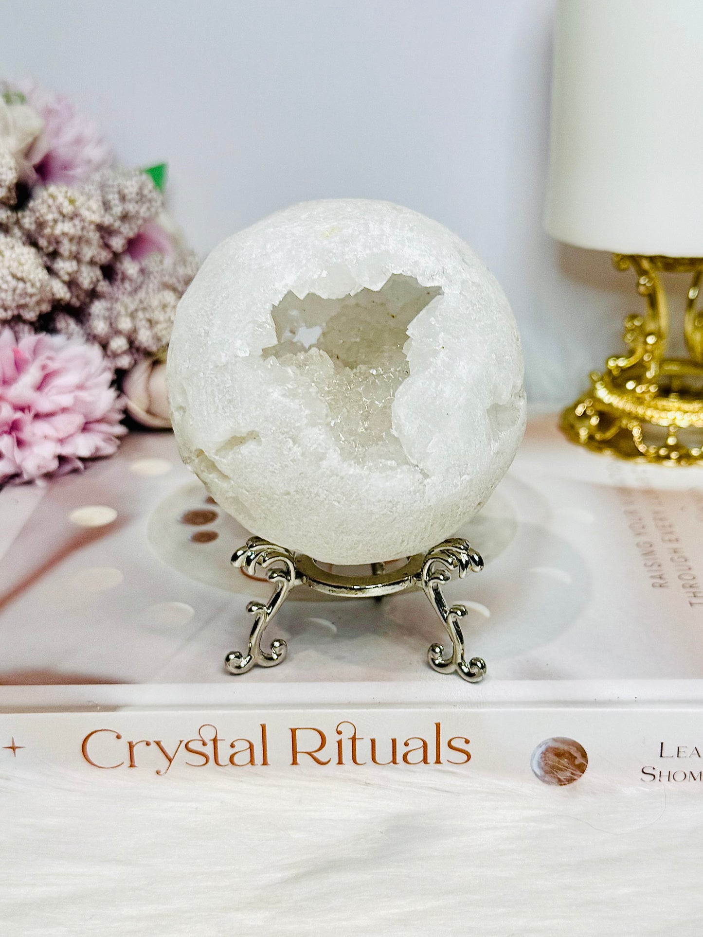 Large Moroccan Quartz Druzy Sphere On Stand 401g