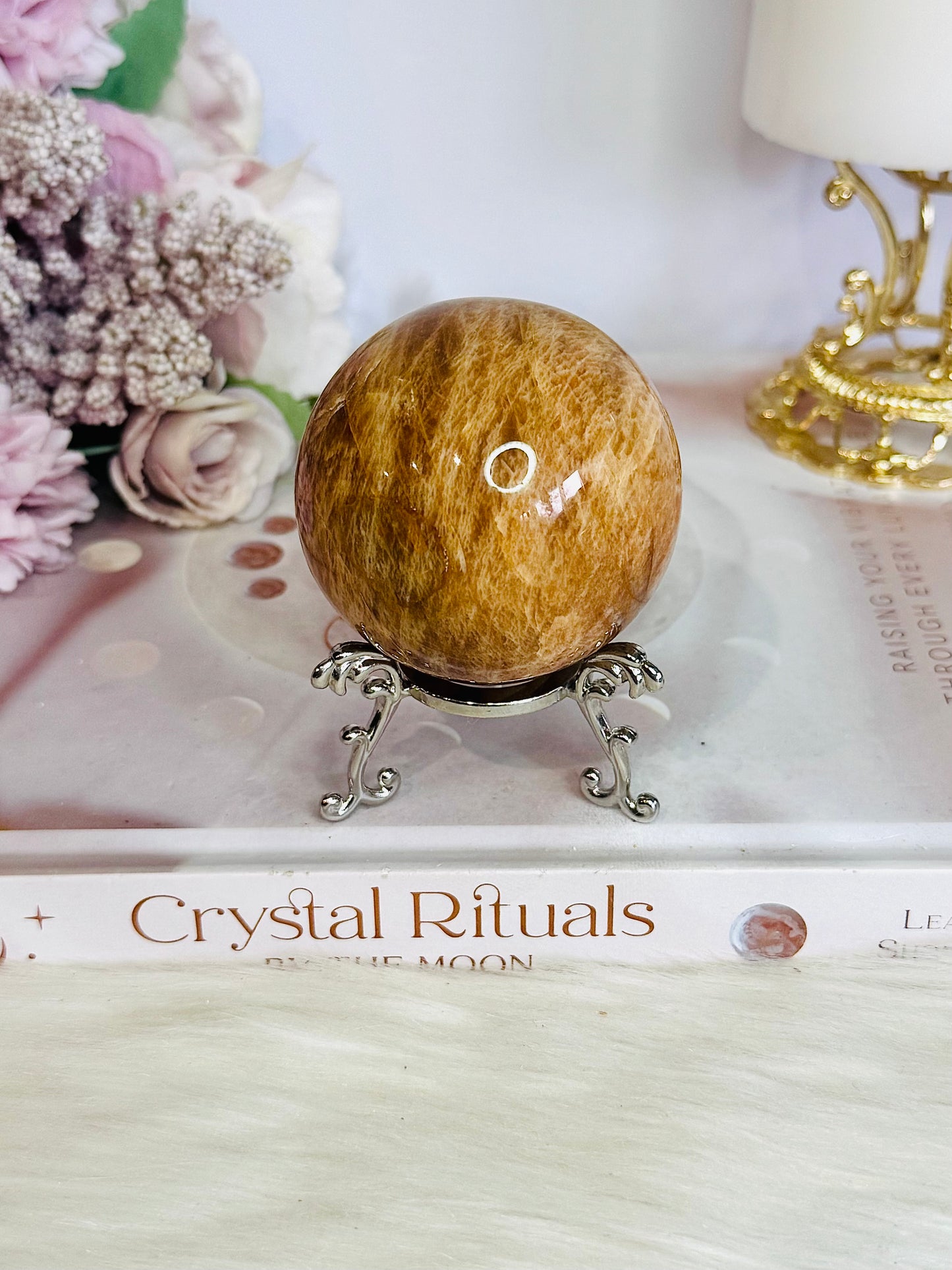 Natural Moonstone Carved Sphere 238grams On Stand