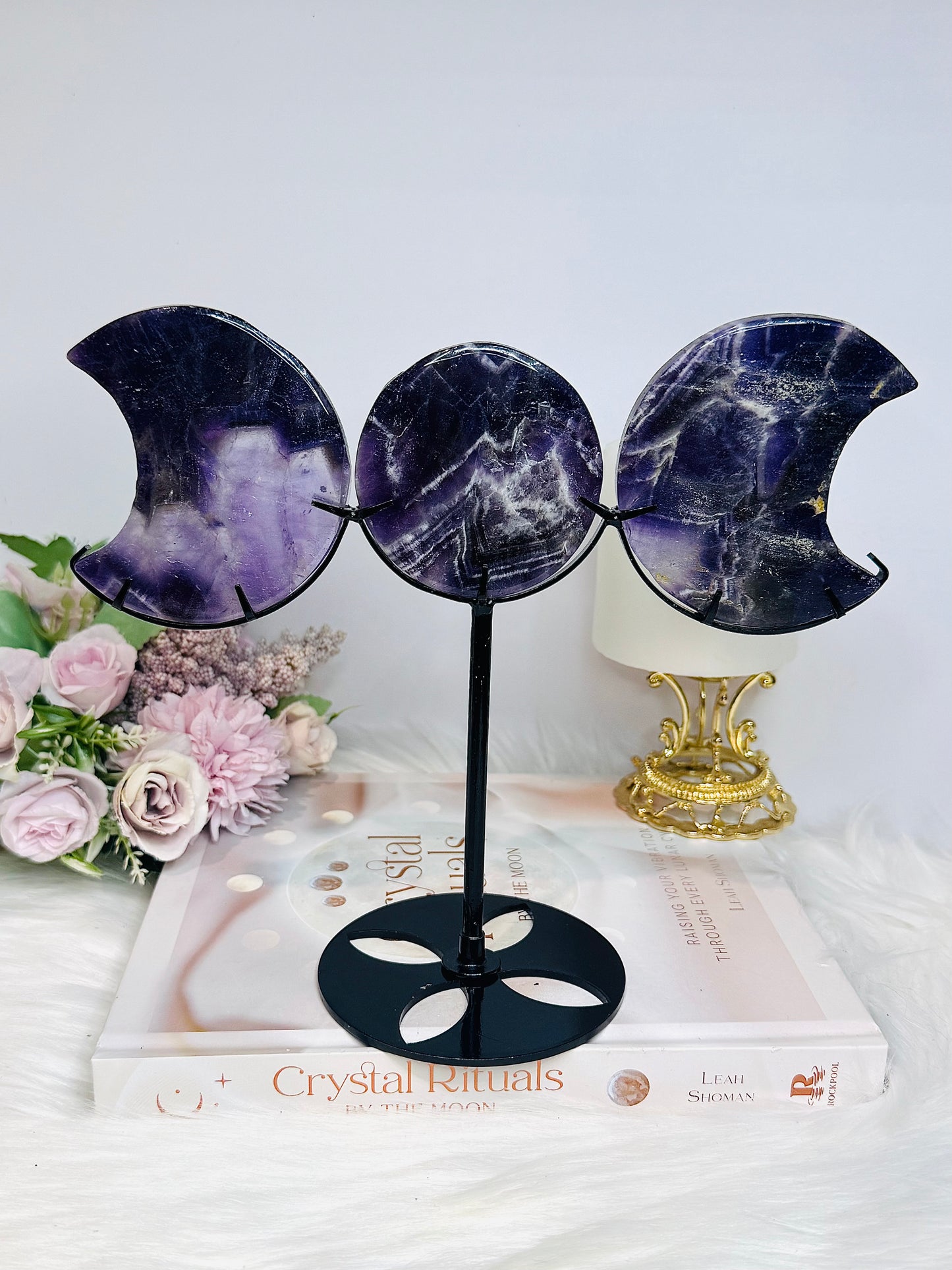 Large Chevron Amethyst Triple Moon On Stand H20cm x W21cm