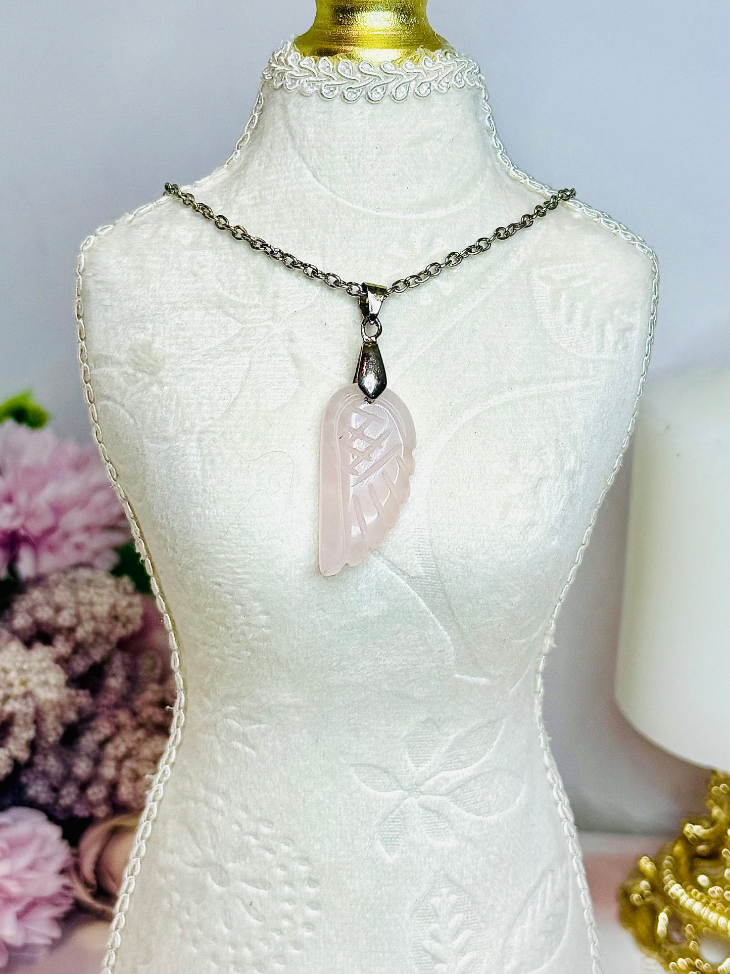 Rose Quartz Angel Wing Necklace In Gift Bag