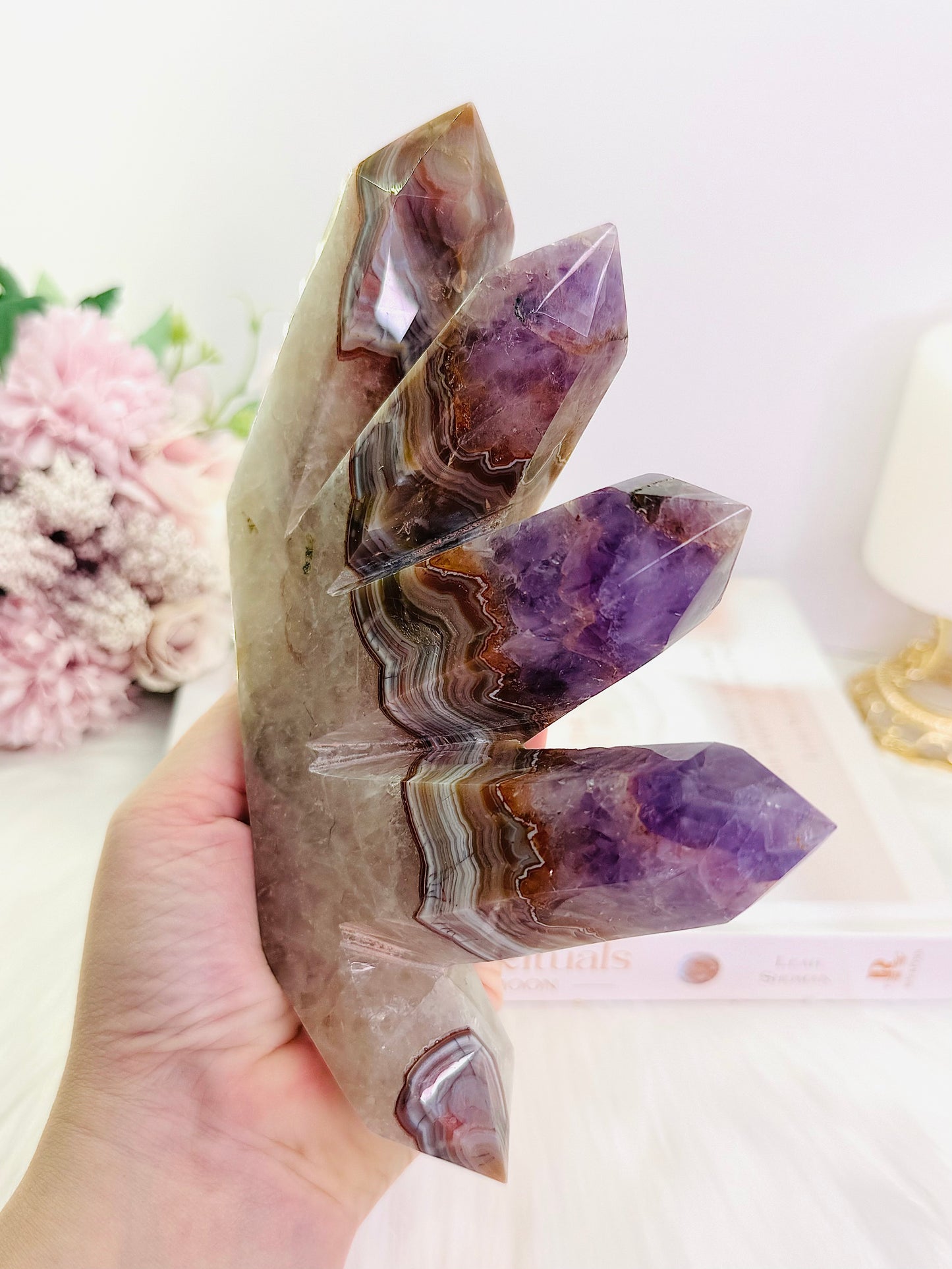 Incredible & Absolutely Gorgeous Large 20cm (length) Amethyst X Mexican Lace Agate 4 Point Tower Just Spectacular