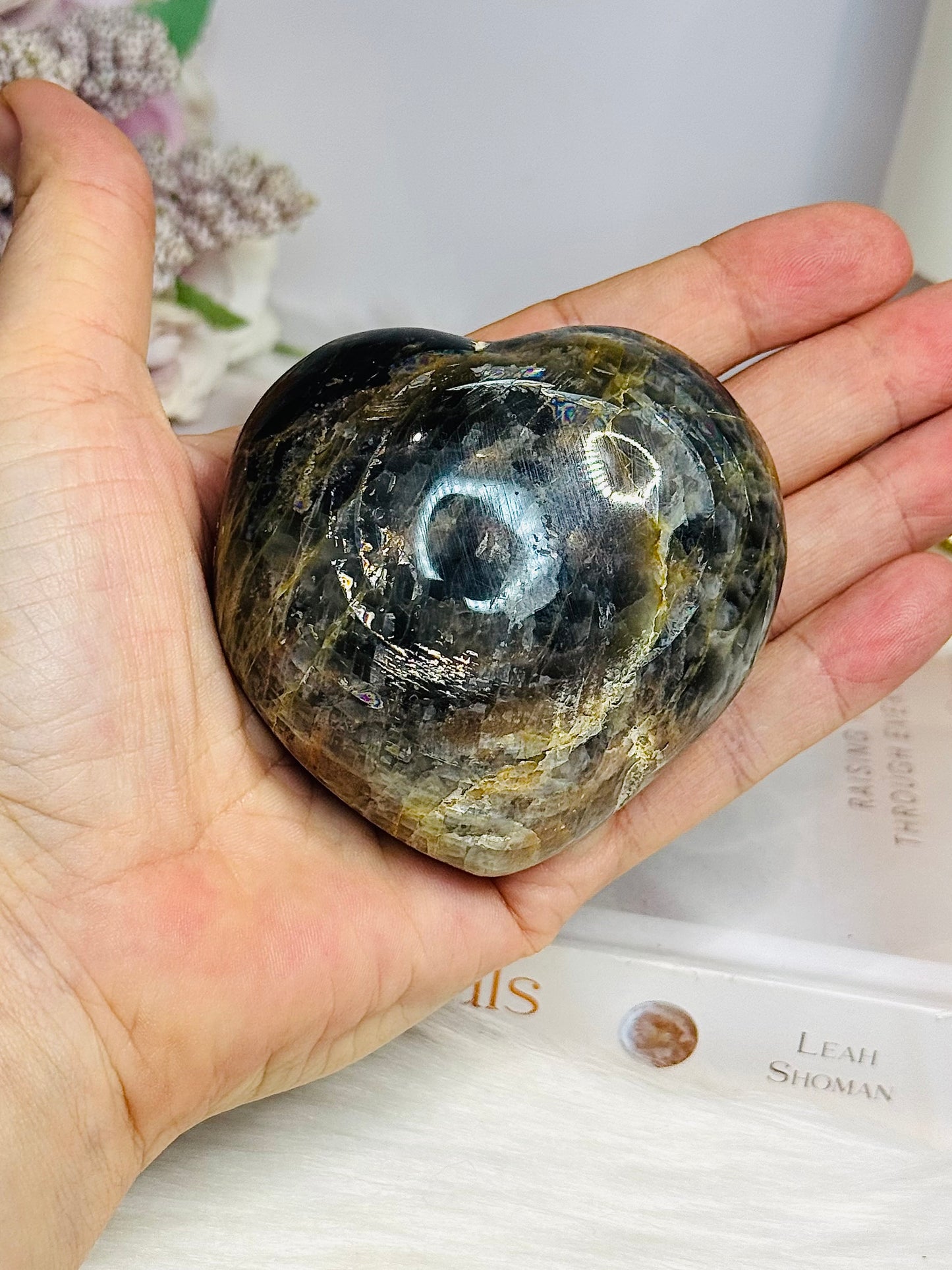 Black Moonstone Puffy Heart with Flash 249g