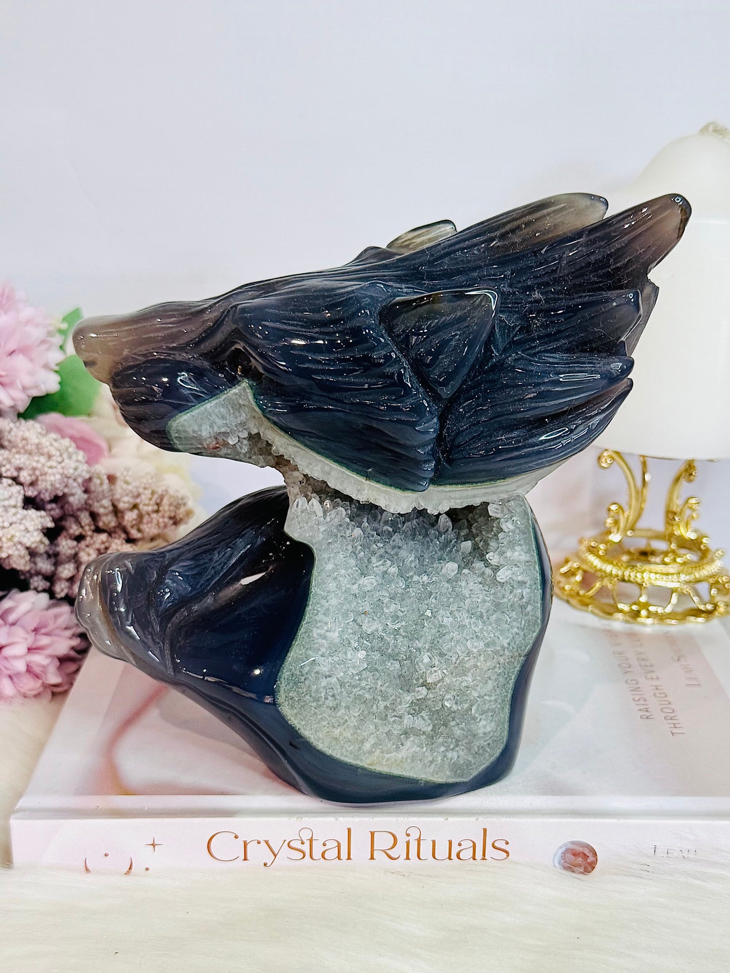 MASTERPIECE ~ Huge Agate Carved Druzy Wolf 16cm 1.3KG