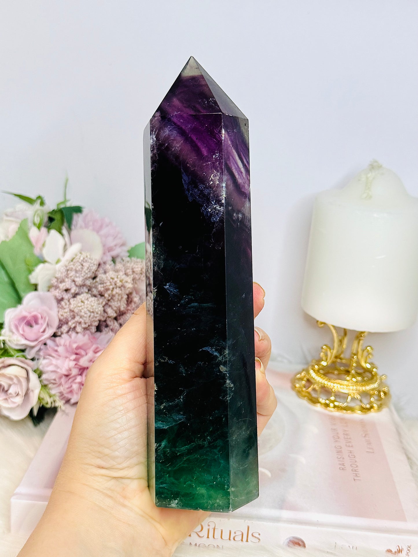 Large Purple & Green Chunky Fluorite Tower with Rainbows 19.5cm 943g