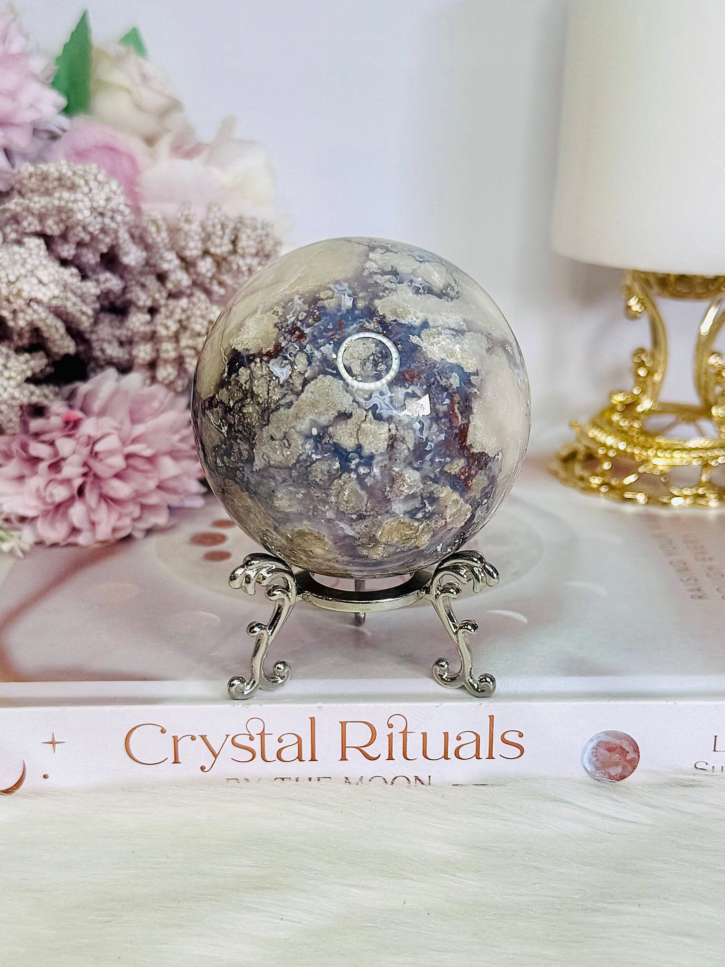 Gorgeous Natural Cherry Agate Carved Sphere On Stand 371grams
