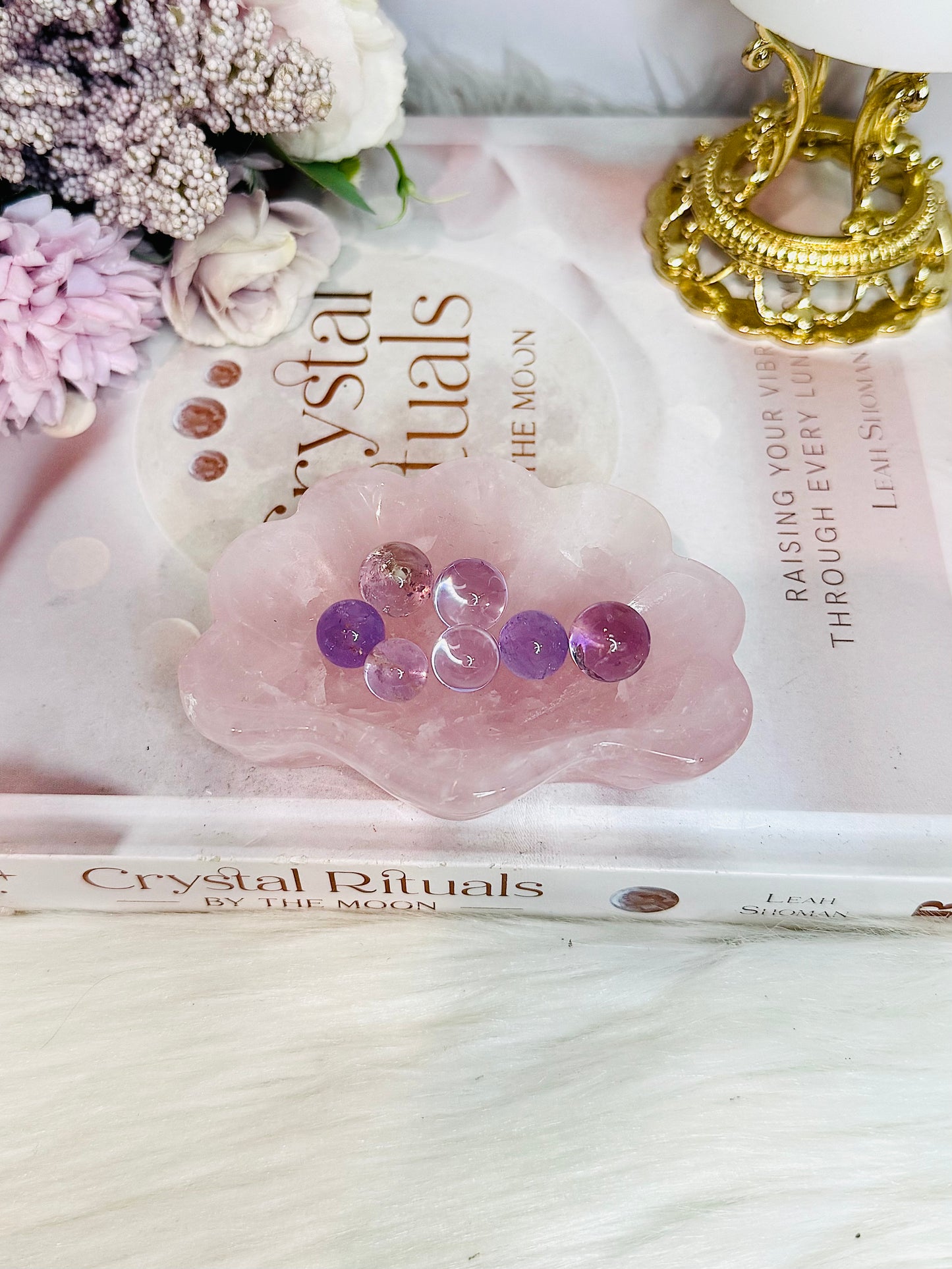 Rose Quartz Carved. Chunky Shell with Mini Amethyst Spheres 9cm