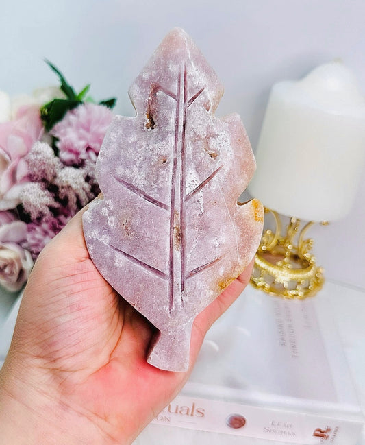 Pink Amethyst Druzy Carved Chunky Leaf From Brazil 15cm