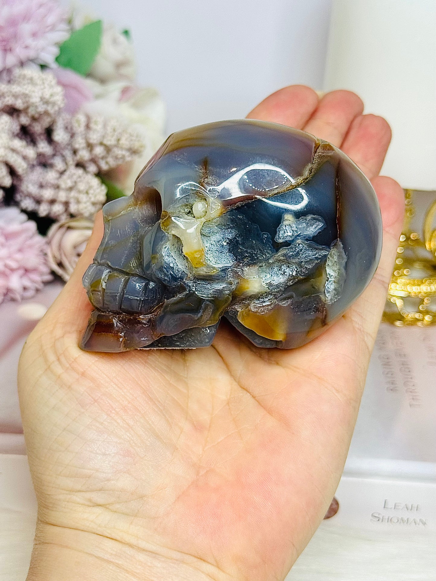 Blue Druzy Agate Carved Skull 9cm 316g