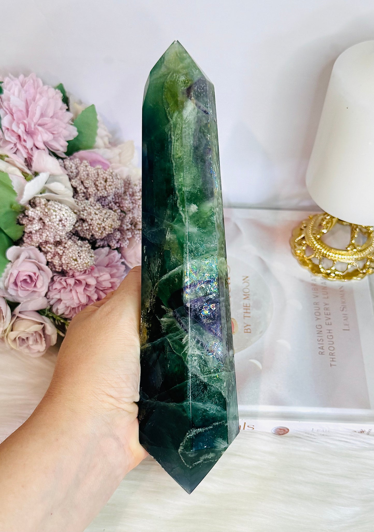 Huge Fluorite Double Terminated Point Full of Rainbows On Timber Stand 1.12KG 23cm