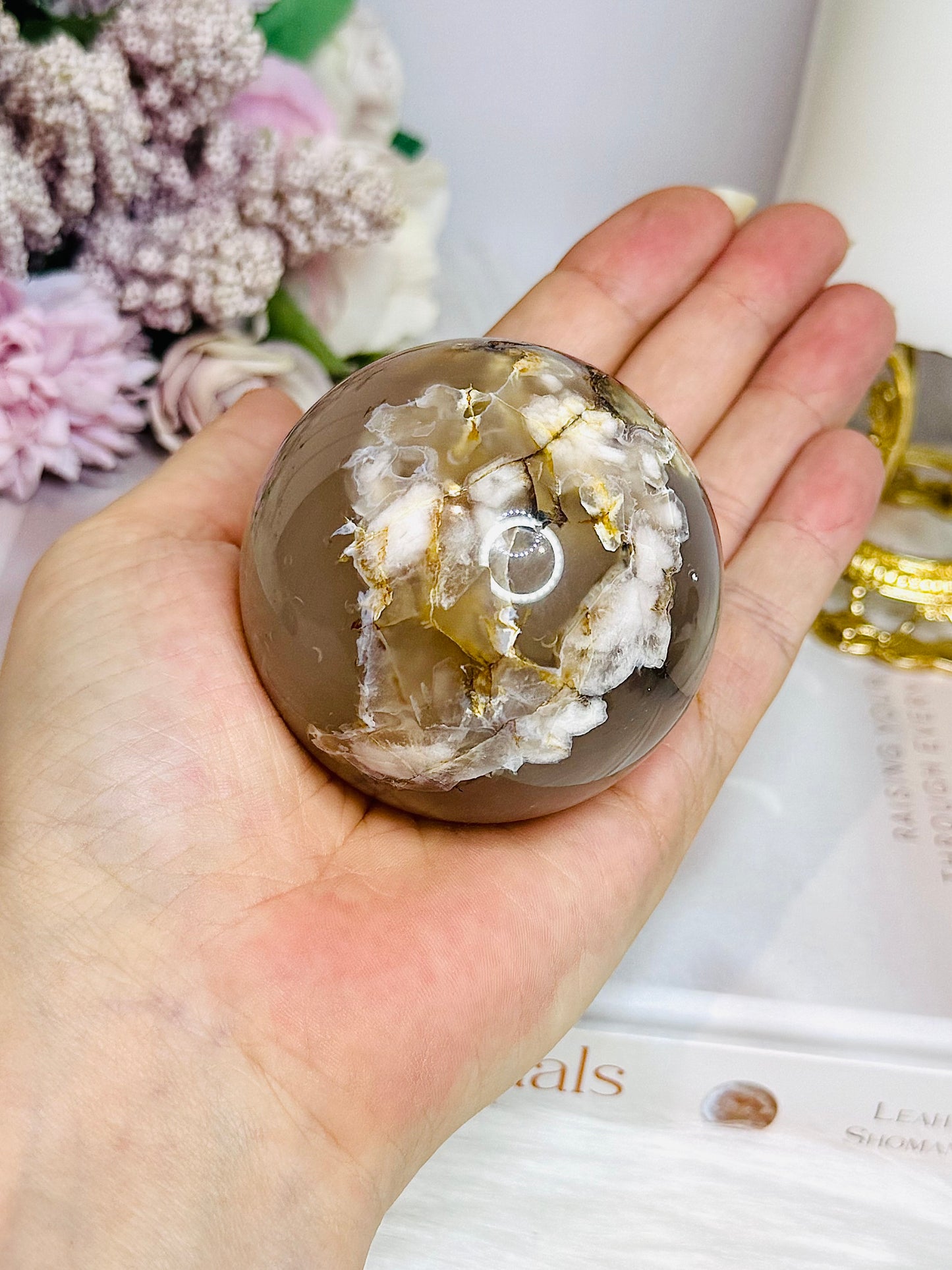 Flower Agate Sphere on Stand 291g