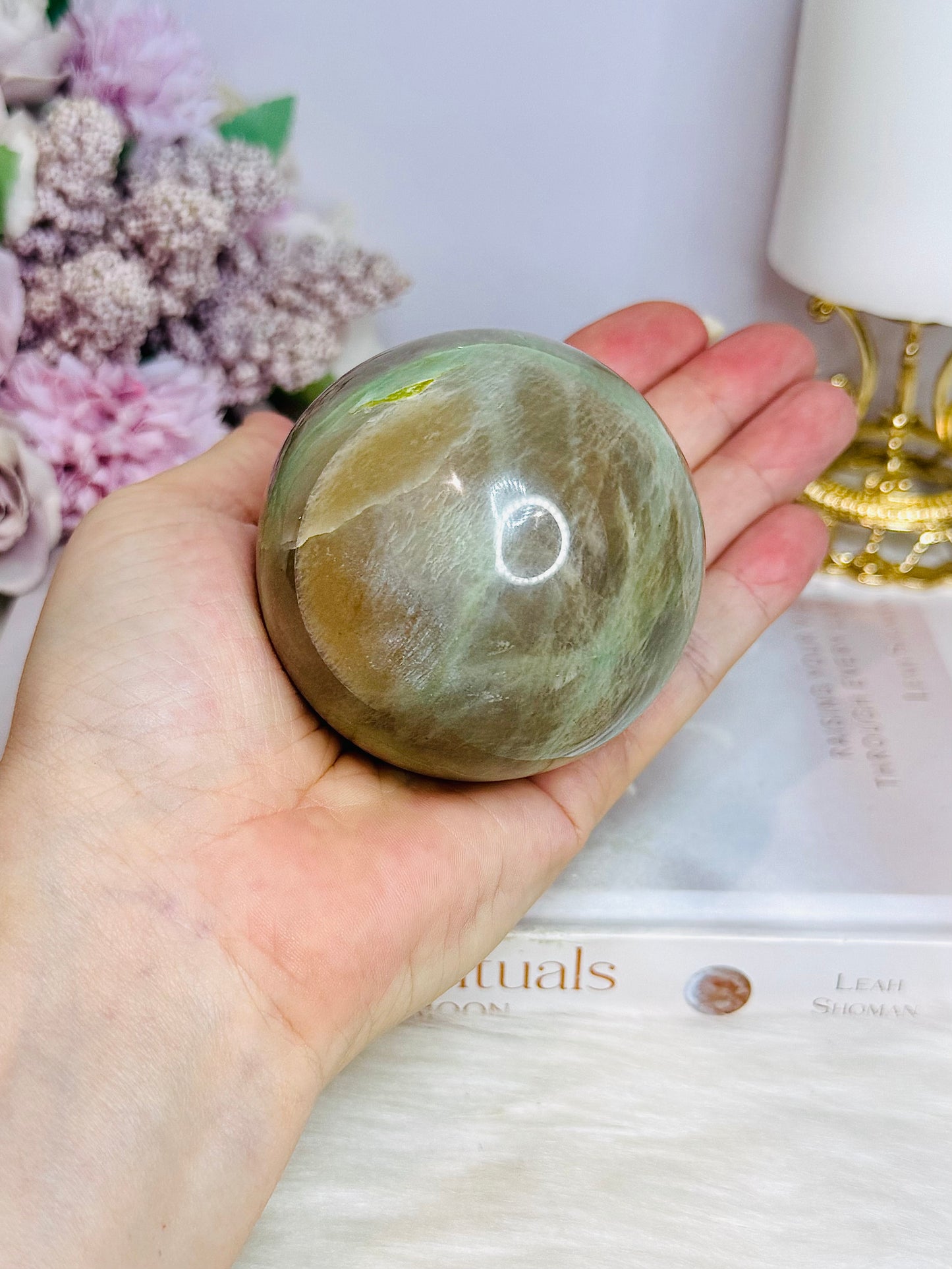 Large Green Moonstone Sphere on Timber Stand 383g
