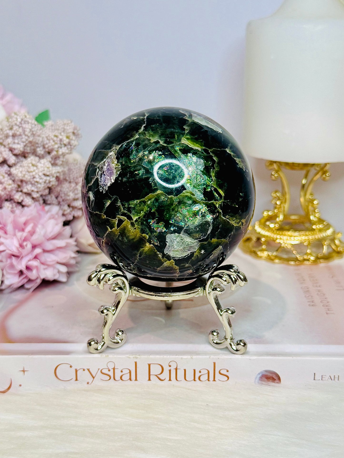 Large Fluorite Sphere with Rainbows 728g On Stand