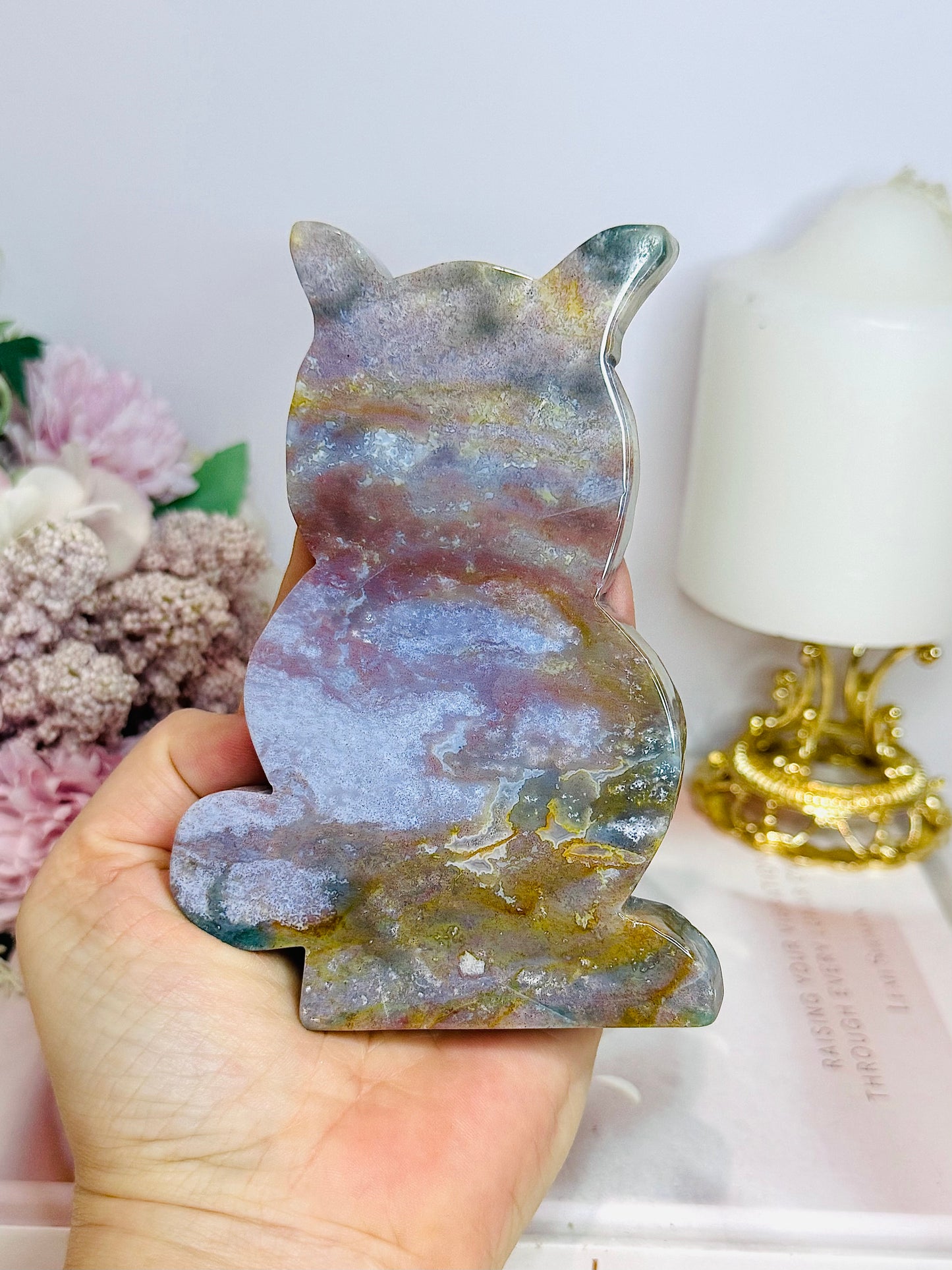 Ocean Jasper Cat Carving 13cm