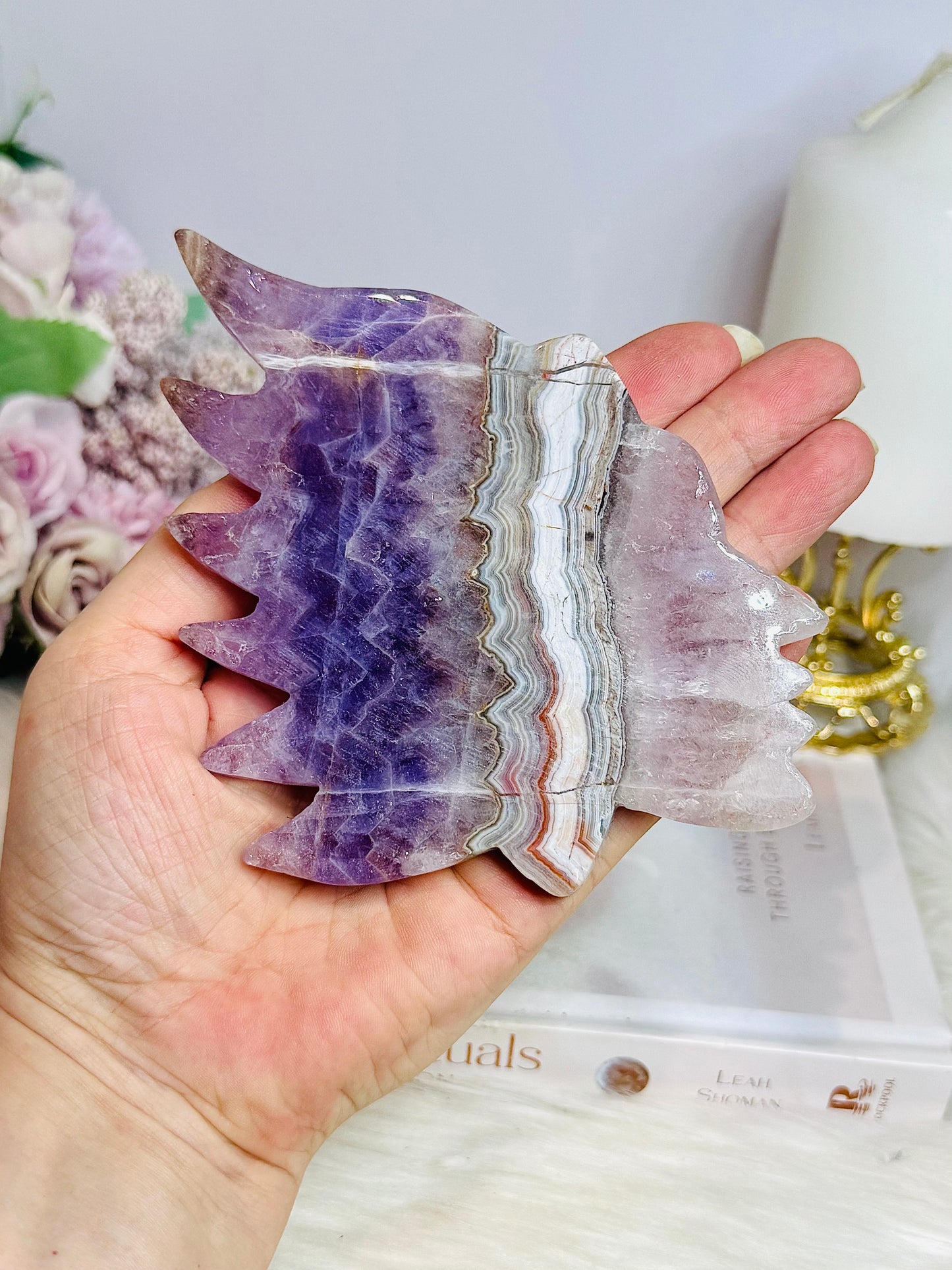 Agate X Amethyst Carved Indian Head on Stand 16.5cm