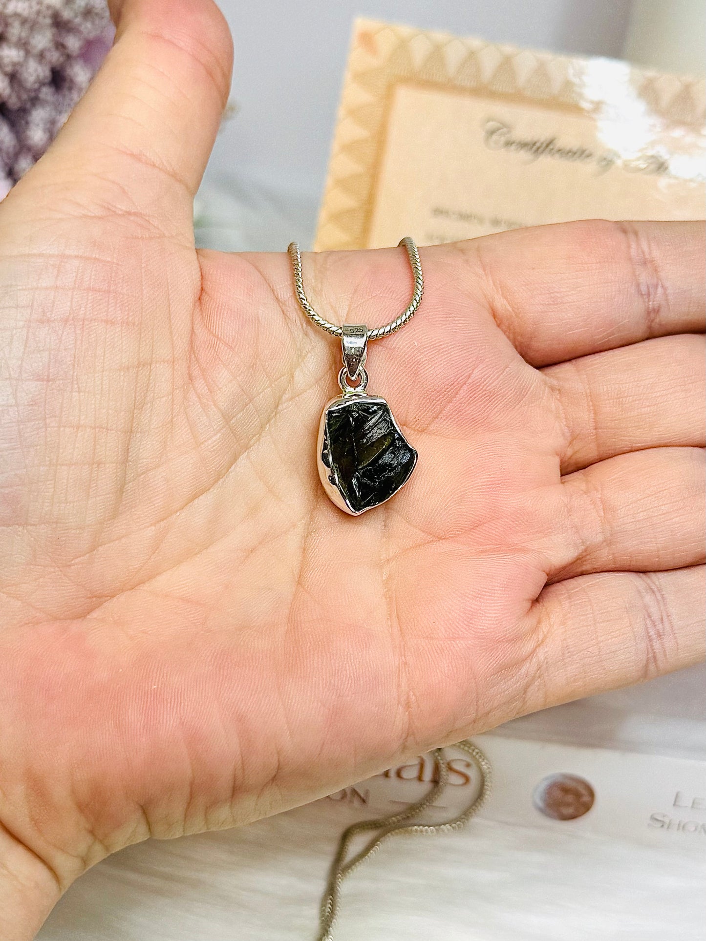 Rare Moldavite Tektite Sterling Silver Pendant & Chain with Certification of Authenticity