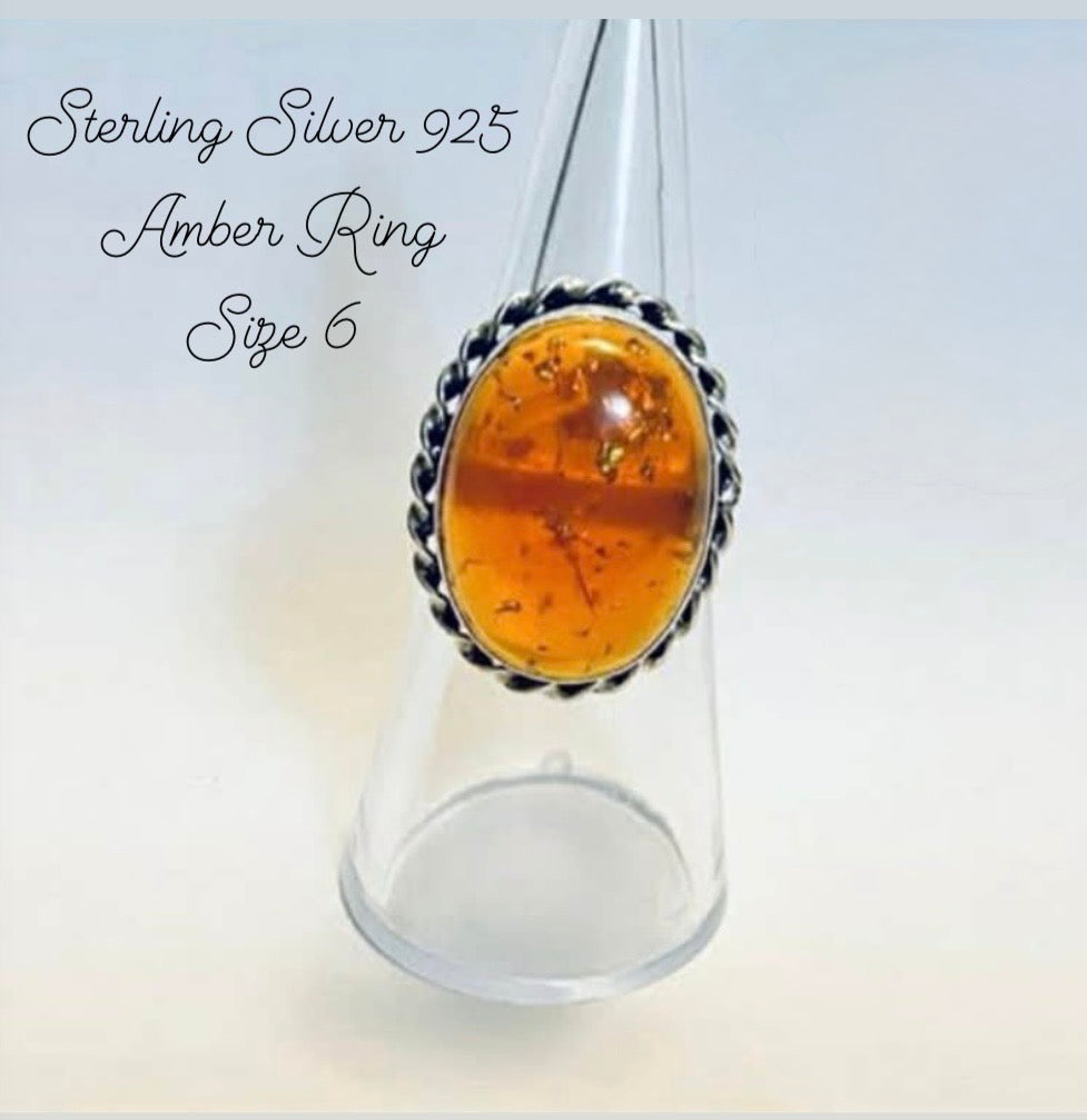 Sterling Silver 925 Amber Ring Size 6 In Gift Bag