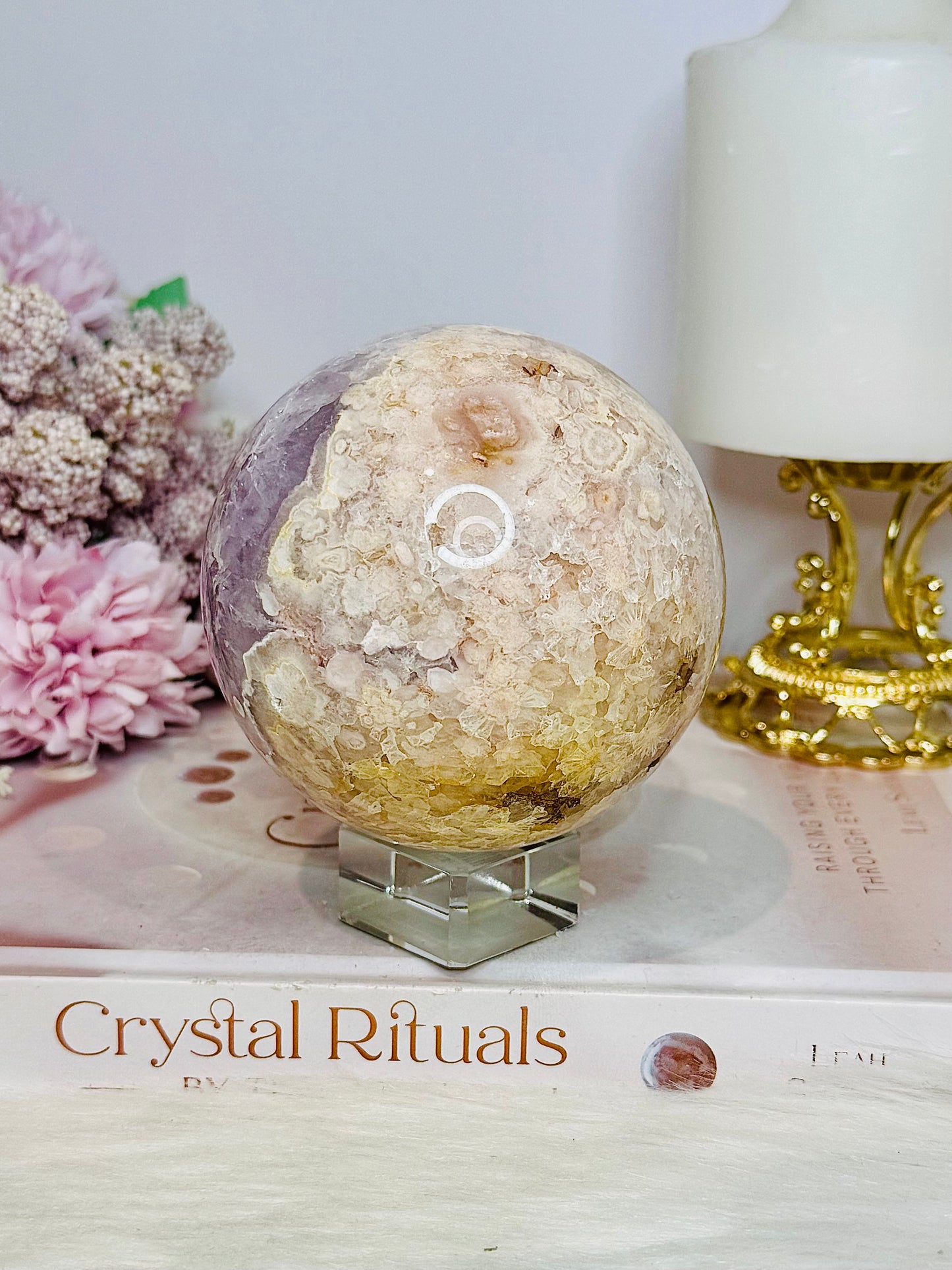 Large Rare Amethyst X Flower Agate Sphere On Stand 710g