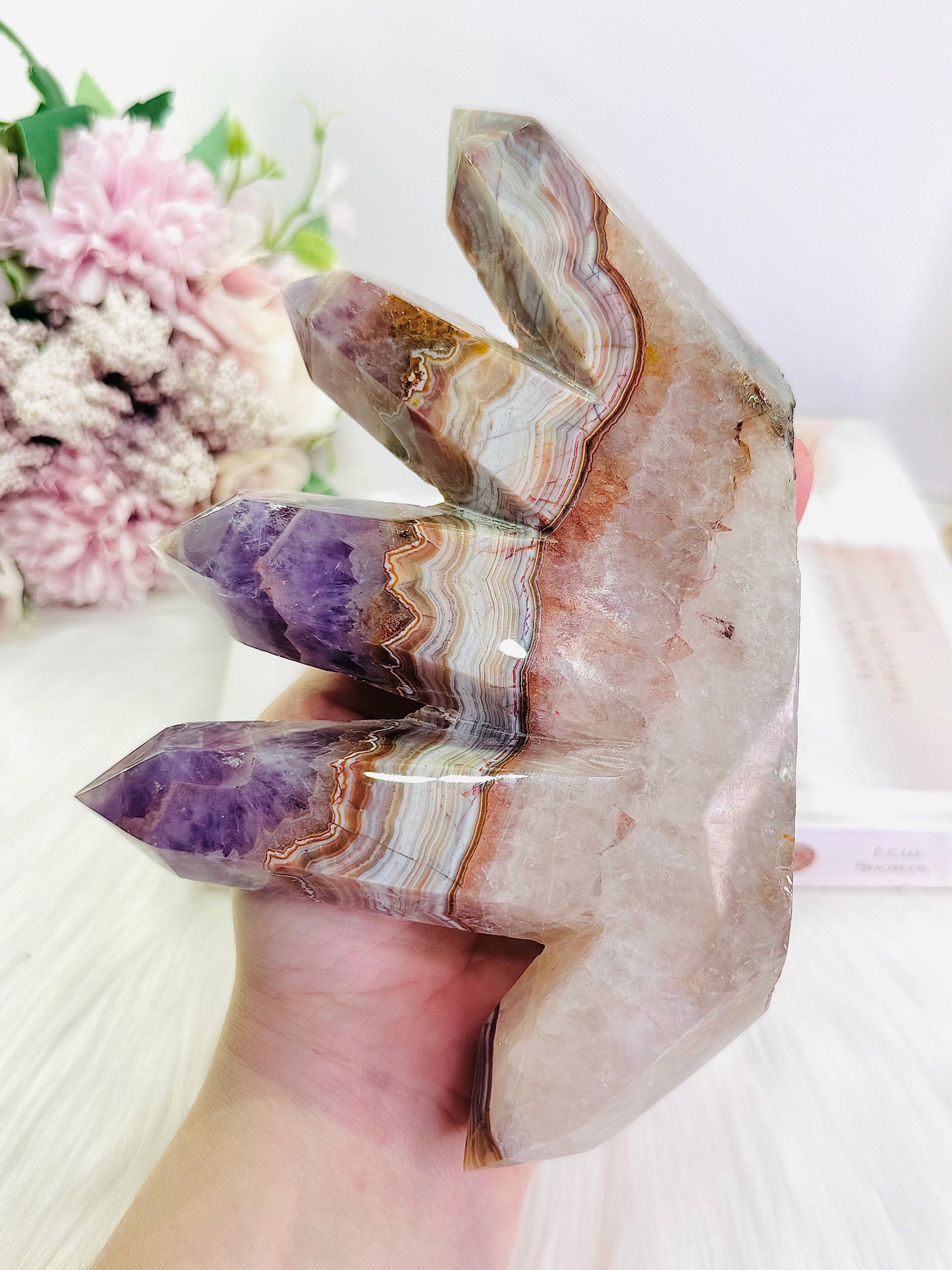 Incredible & Absolutely Gorgeous Large 20cm (length) Amethyst X Mexican Lace Agate 4 Point Tower Just Spectacular