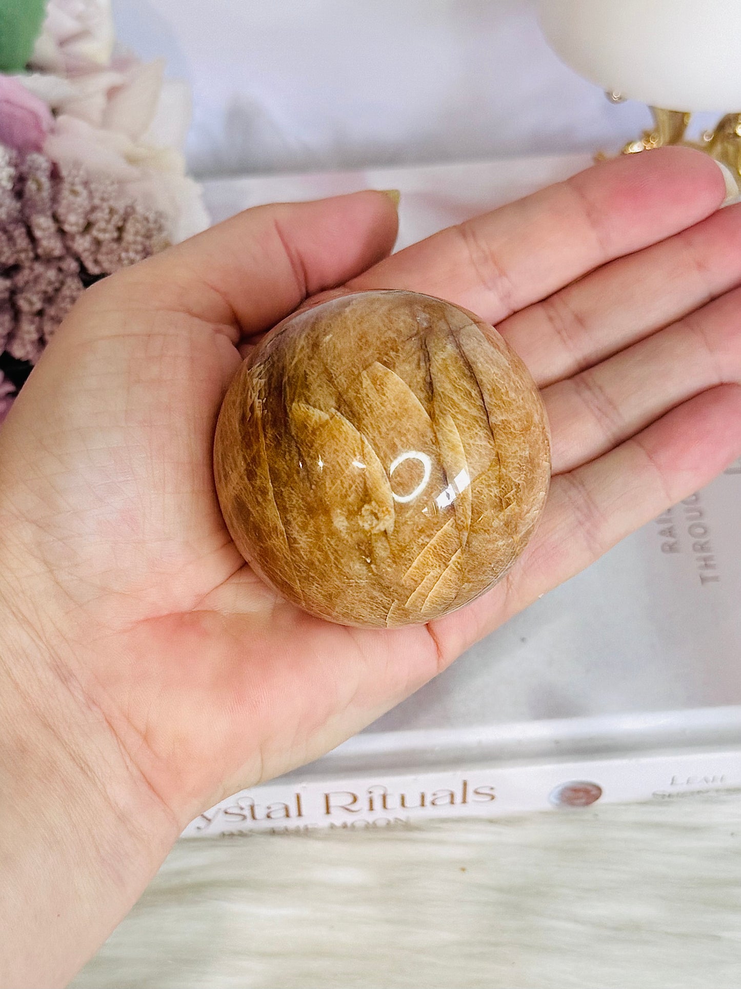 Natural Moonstone Carved Sphere 238grams On Stand