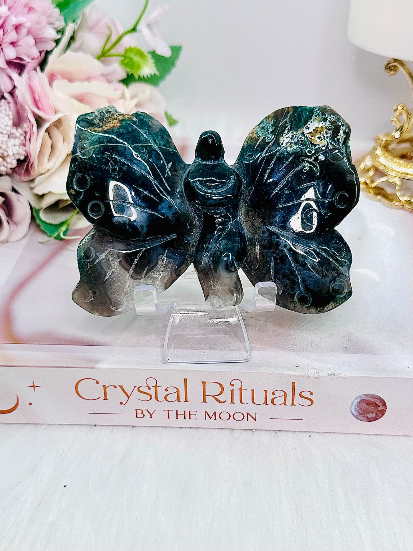 Divine Druzy Moss Agate Fairy Carving On Stand