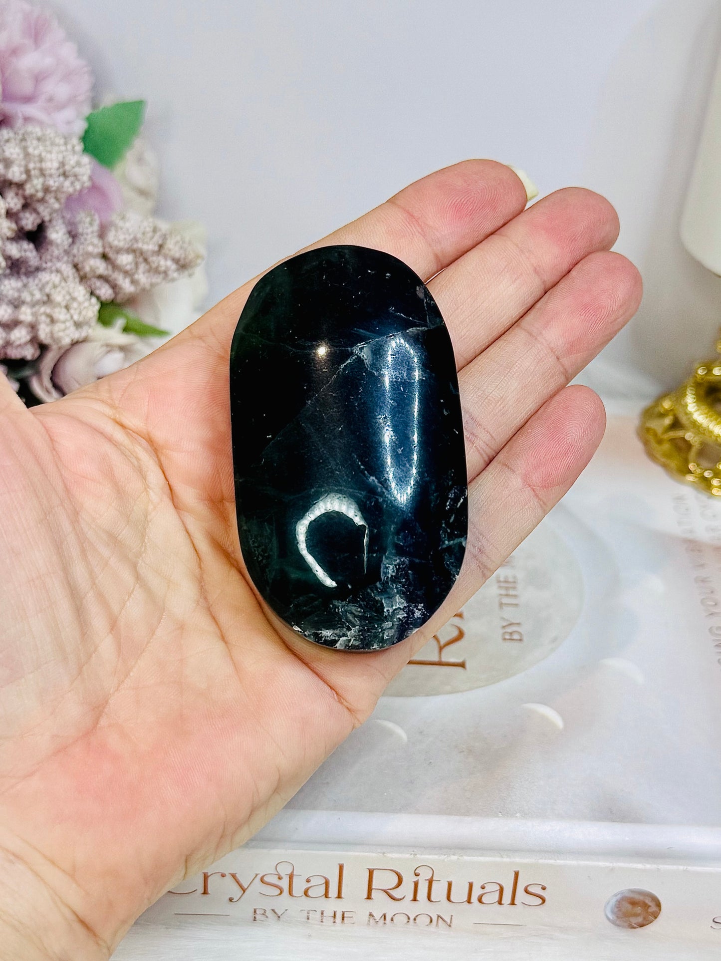 Chunky Fluorite Palm Stone (stand is display only) Reduced as chipped