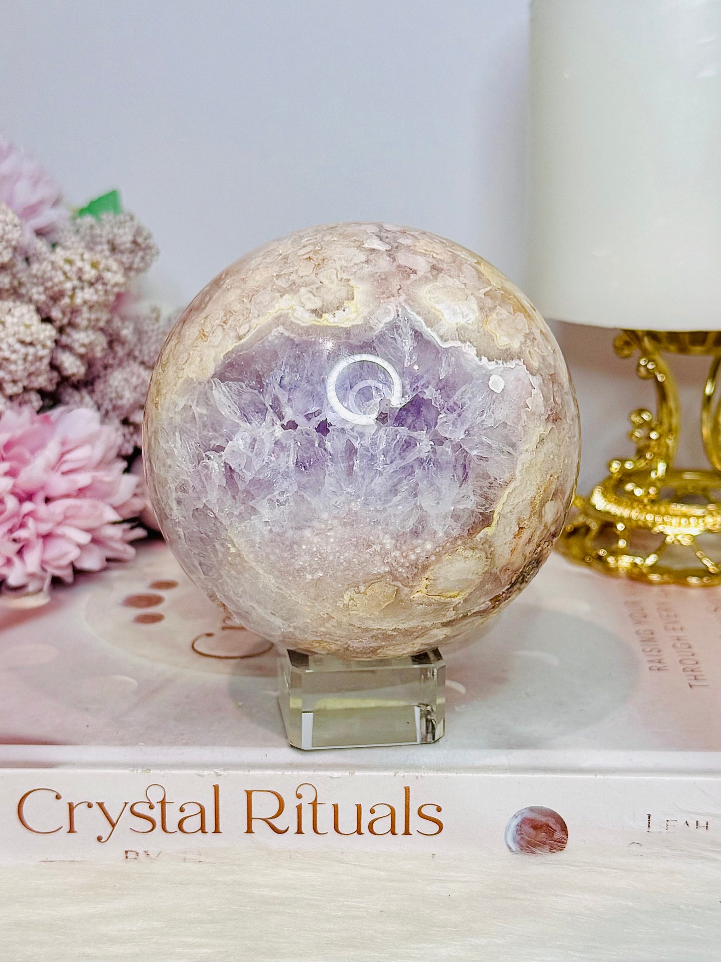 Large Rare Amethyst X Flower Agate Sphere On Stand 710g