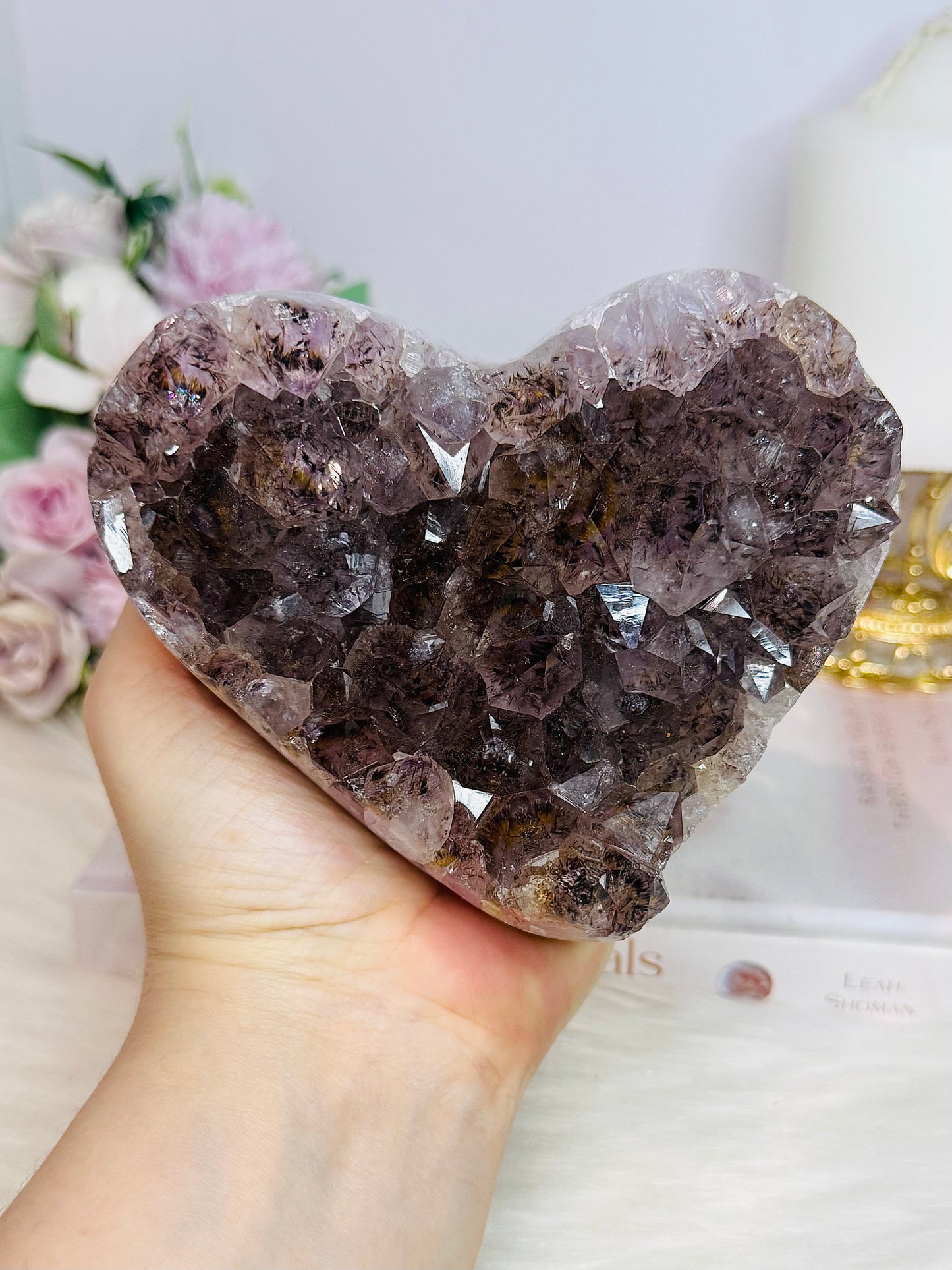 Large Natural Amethyst Carved Chunky Heart 944g with Goethite Inclusions