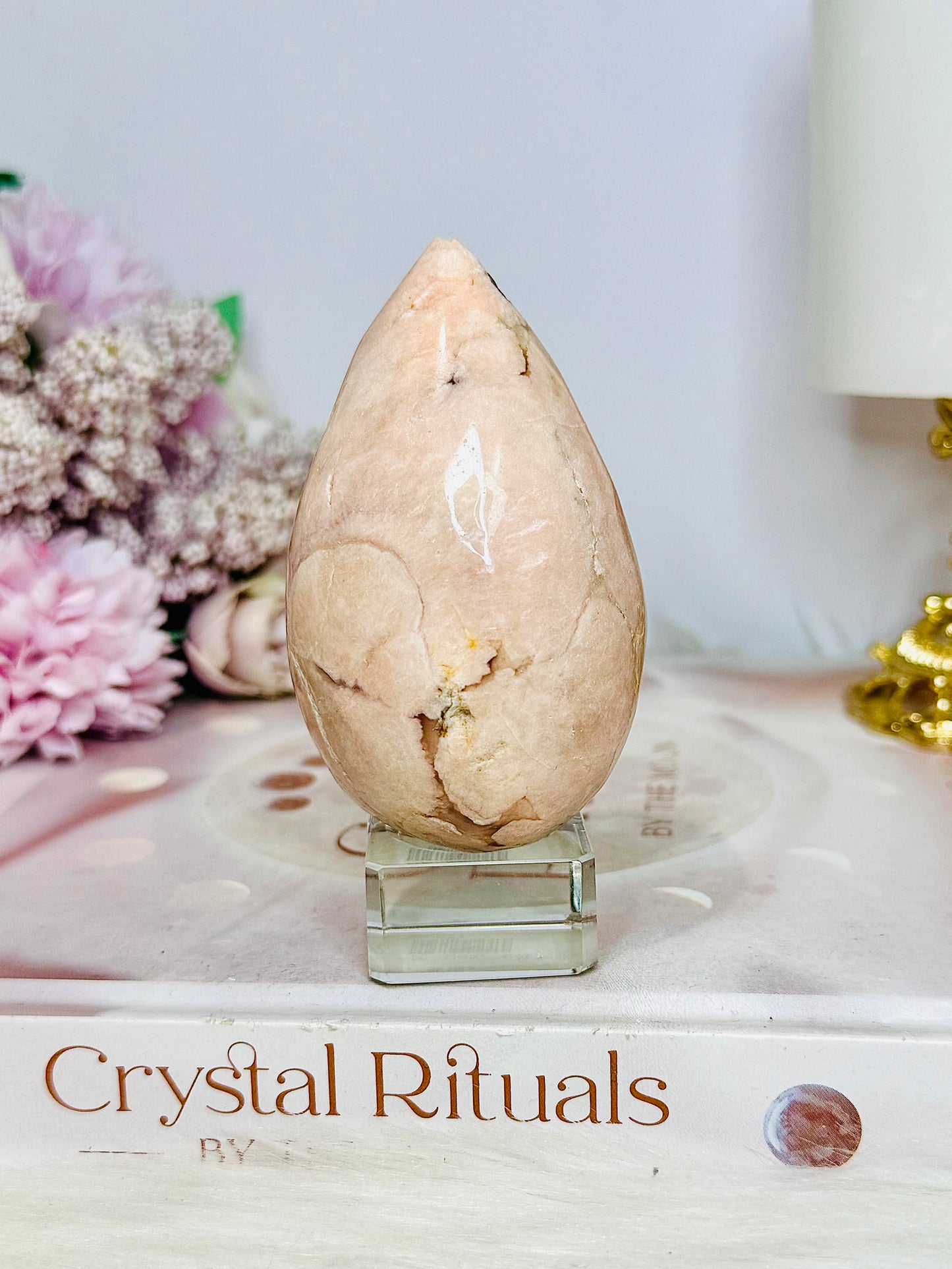 Flower Agate Carved Chunky Egg on Stand 200g
