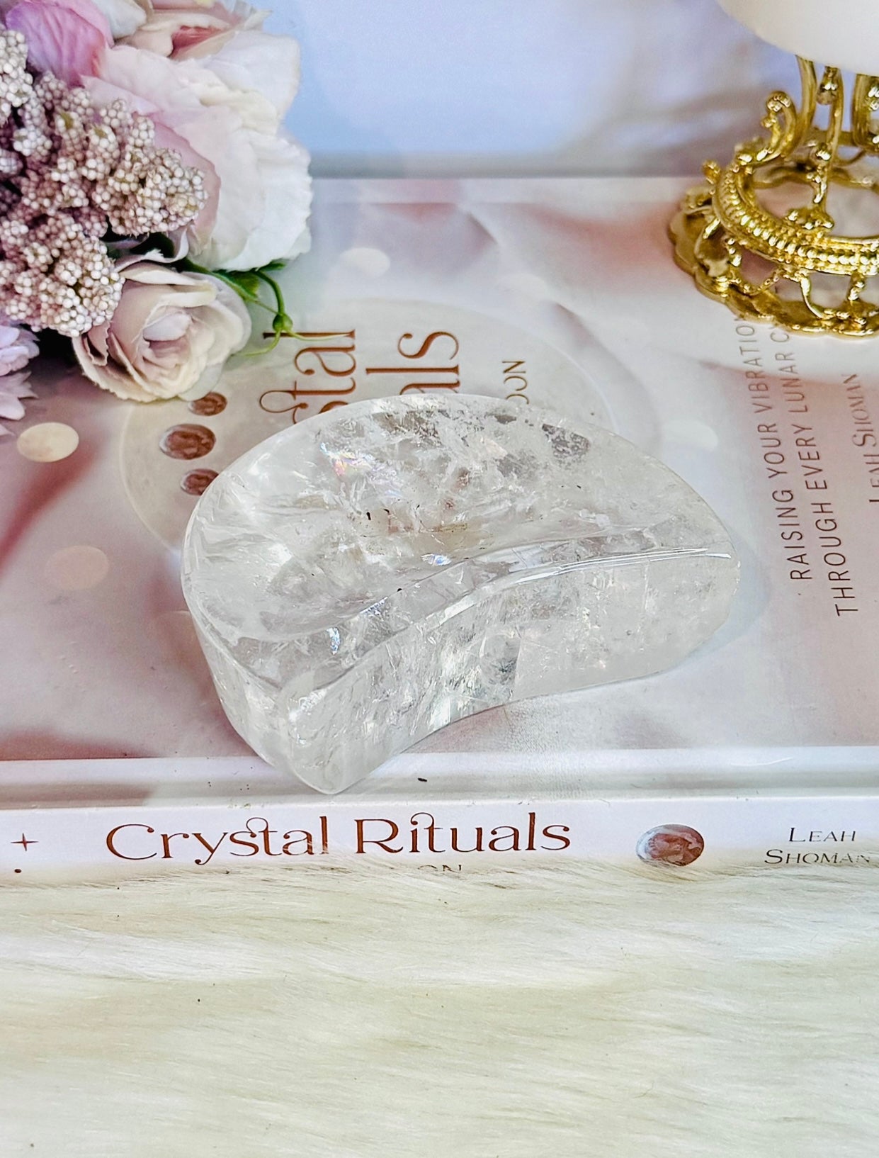 High Grade Clear Quartz Chunky Moon Bowl with Rainbows 9cm