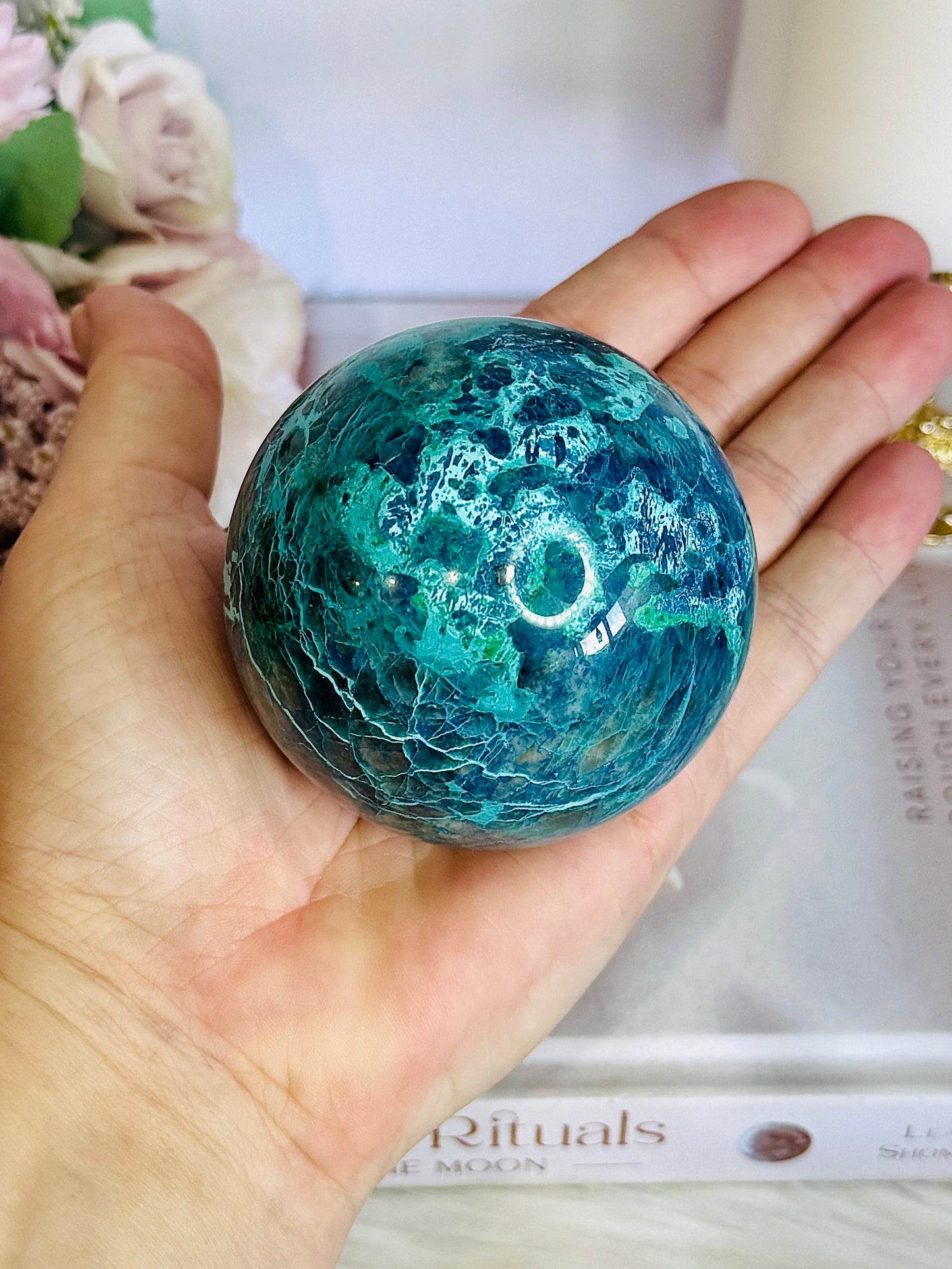 Absolutely Incredible High Grade Chrysocolla Sphere on Stand 399grams