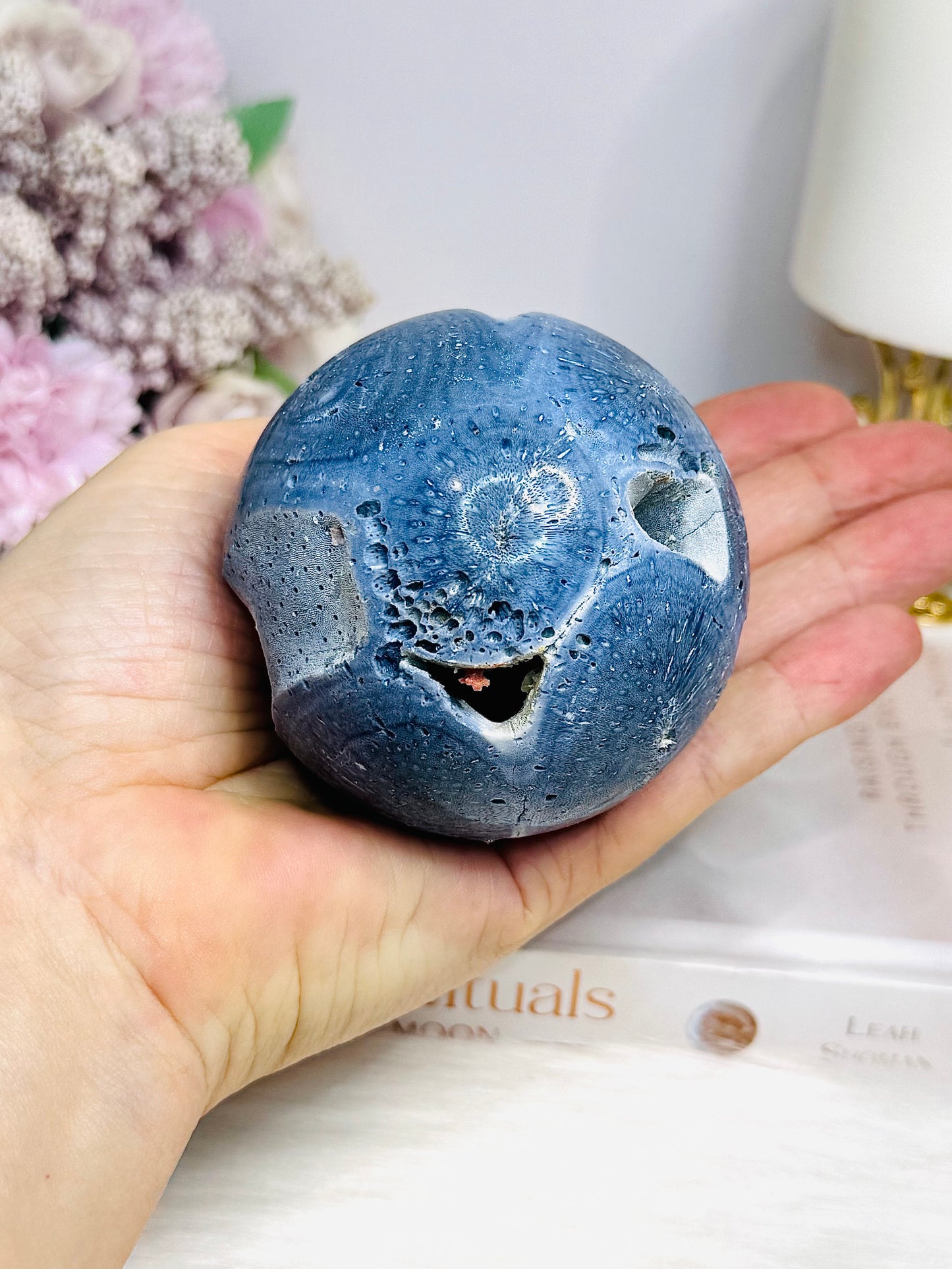Rare Blue Coral Fossil Sphere on Stand 305g