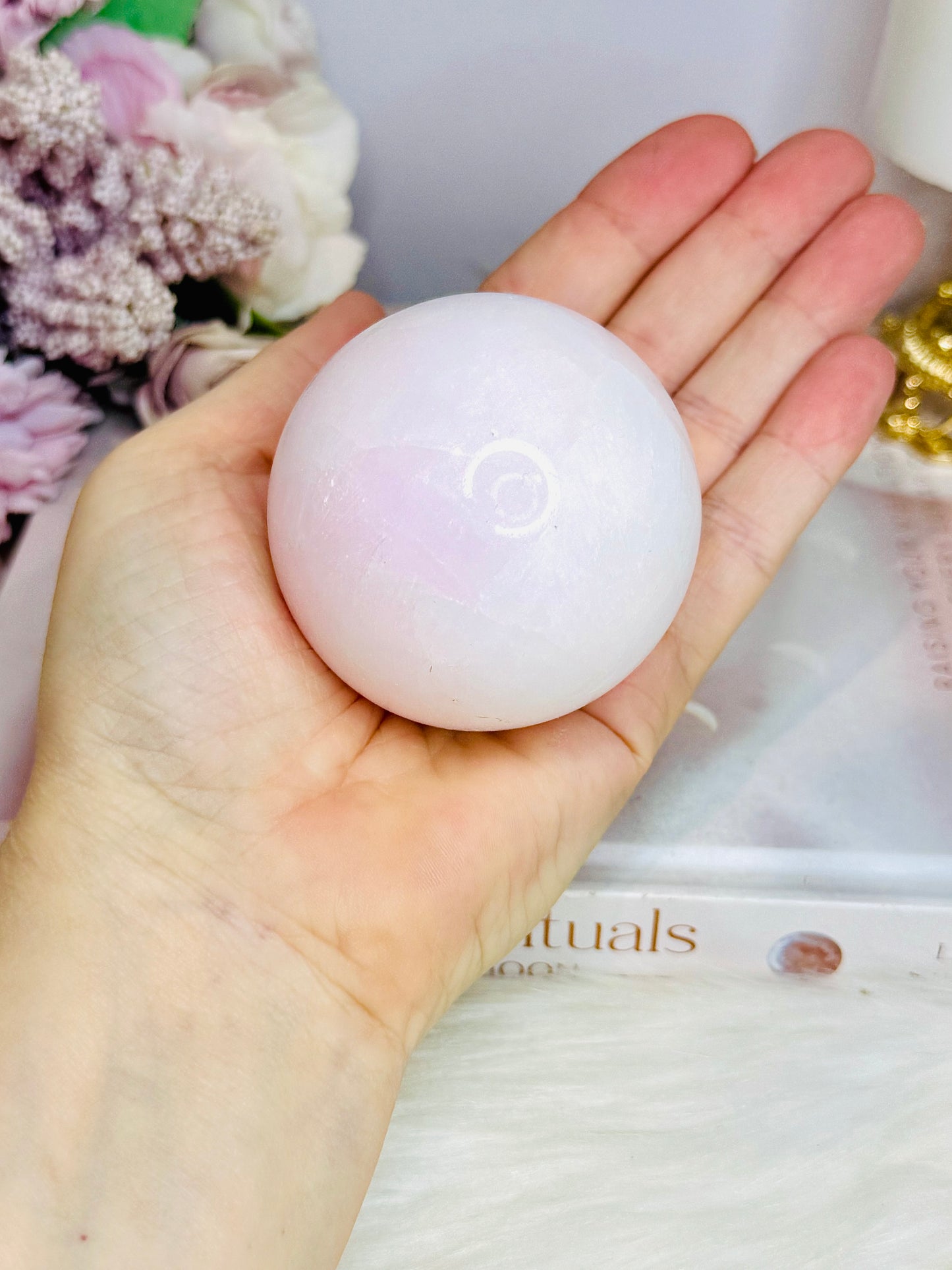 Natural Pink Mangano Calcite (UV Reactive) Sphere on Stand 291g