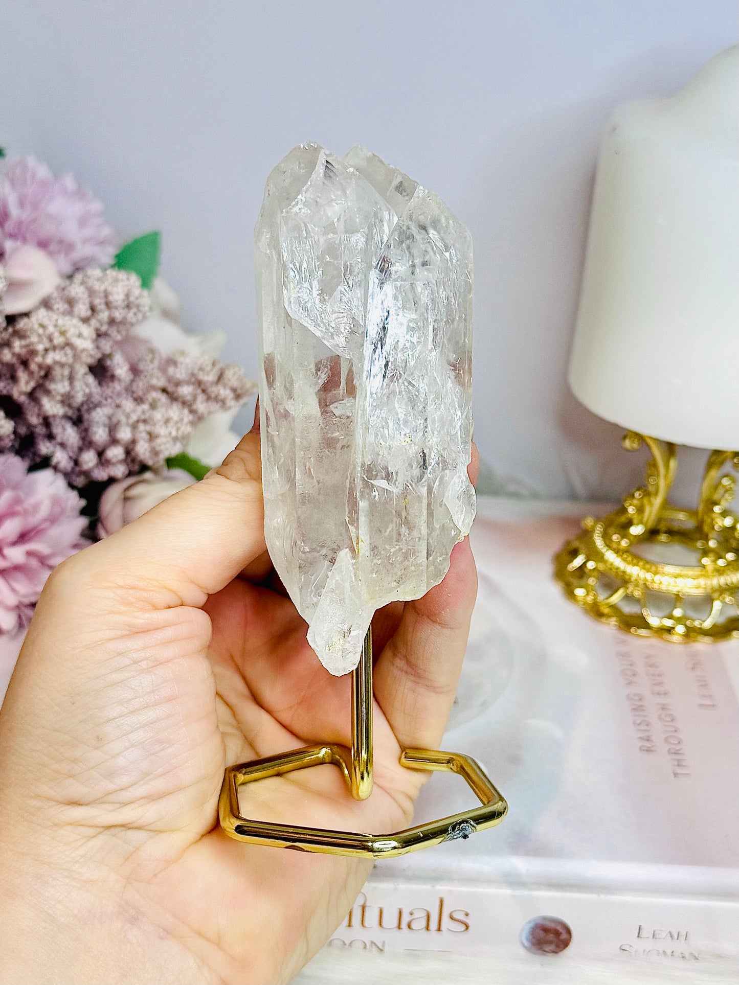 Clear Quartz Double Terminated Point Tower on Gold Stand 13cm