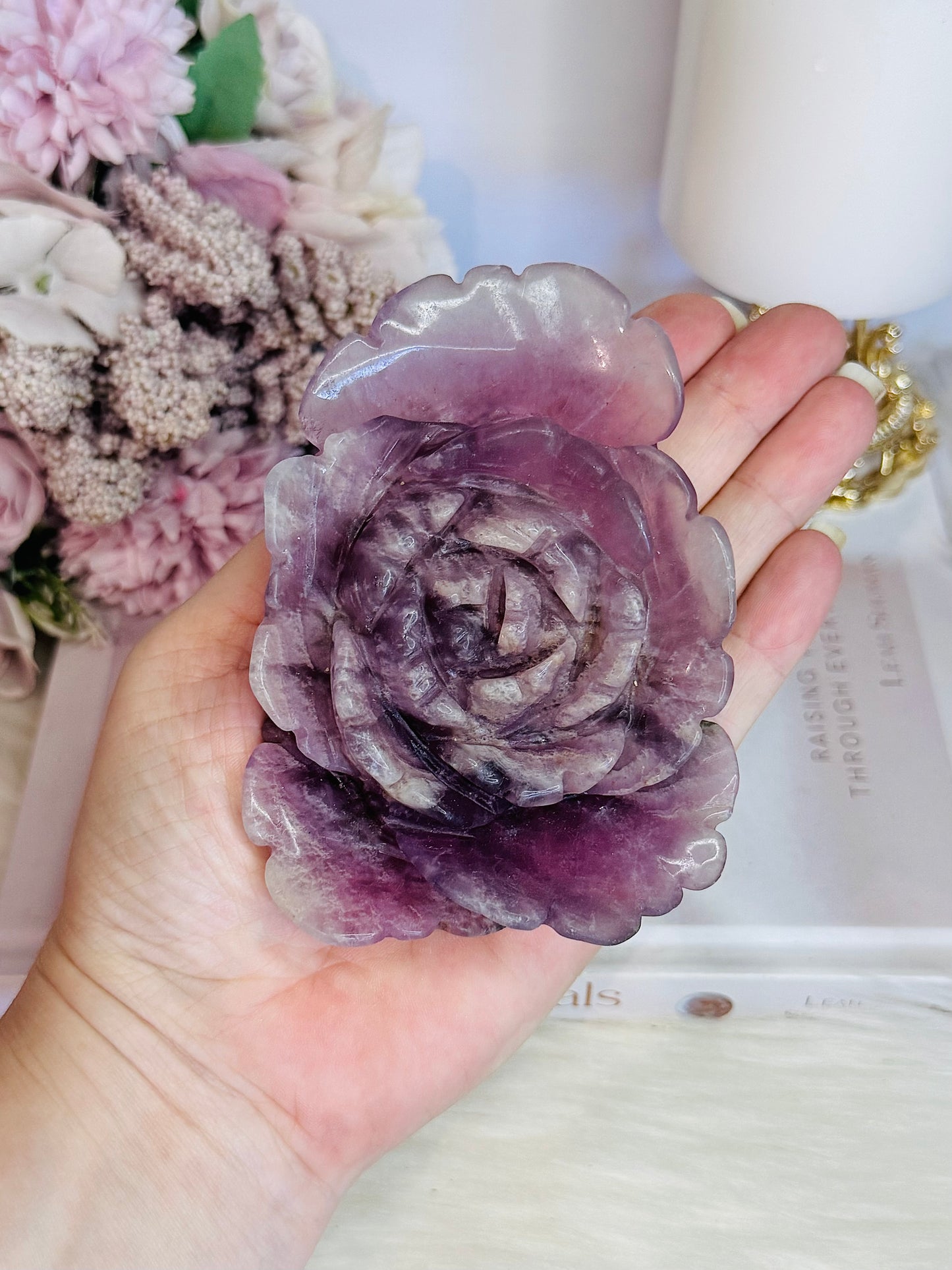 Large Purple Fluorite Carved Flower | Rose 11cm 360gram