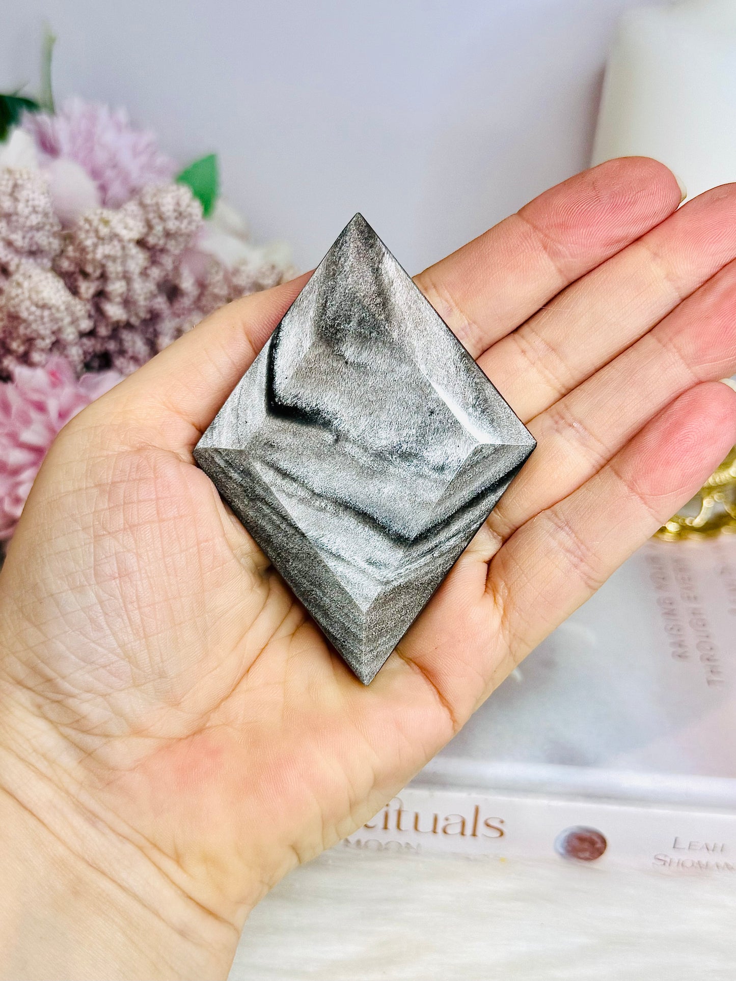 Silver Sheen Obsidian Carved Diamond On Stand 16cm