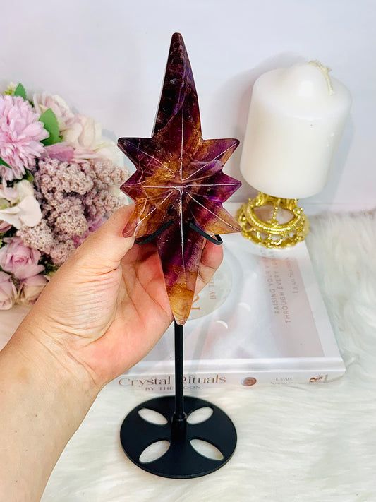 Incredible Large Natural Fluorite Carved Polaris Star On Stand 25.5cm
