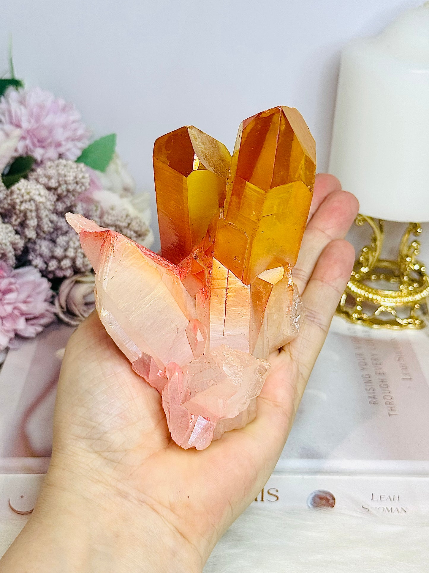 Orange Coated Angel Aura Quartz Cluster 490g