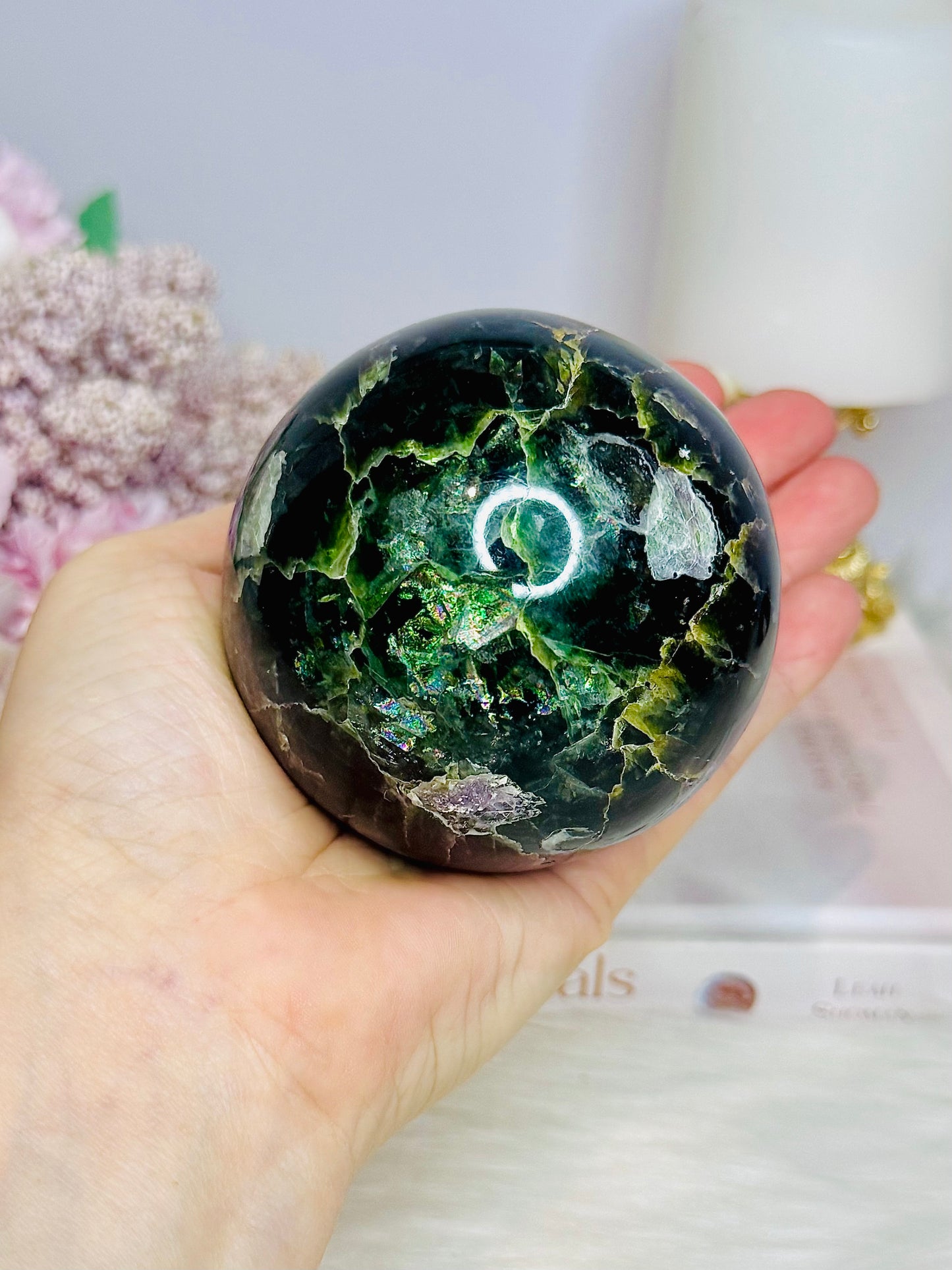 Large Fluorite Sphere with Rainbows 728g On Stand