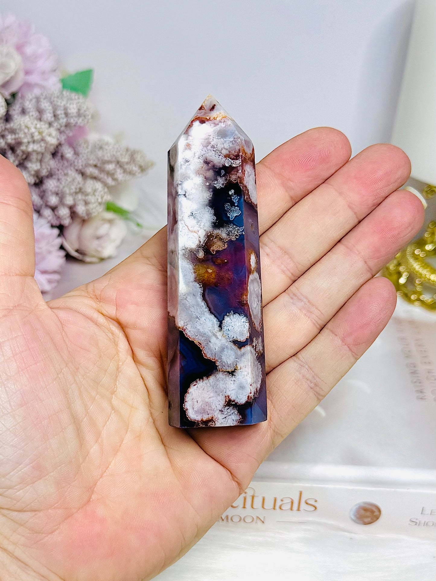 High Grade Blue Flower Agate Tower 9.5cm