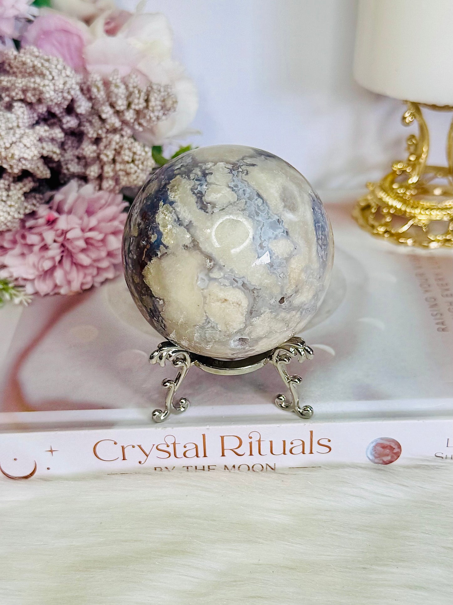 Gorgeous Natural Cherry Agate Carved Sphere On Stand 371grams