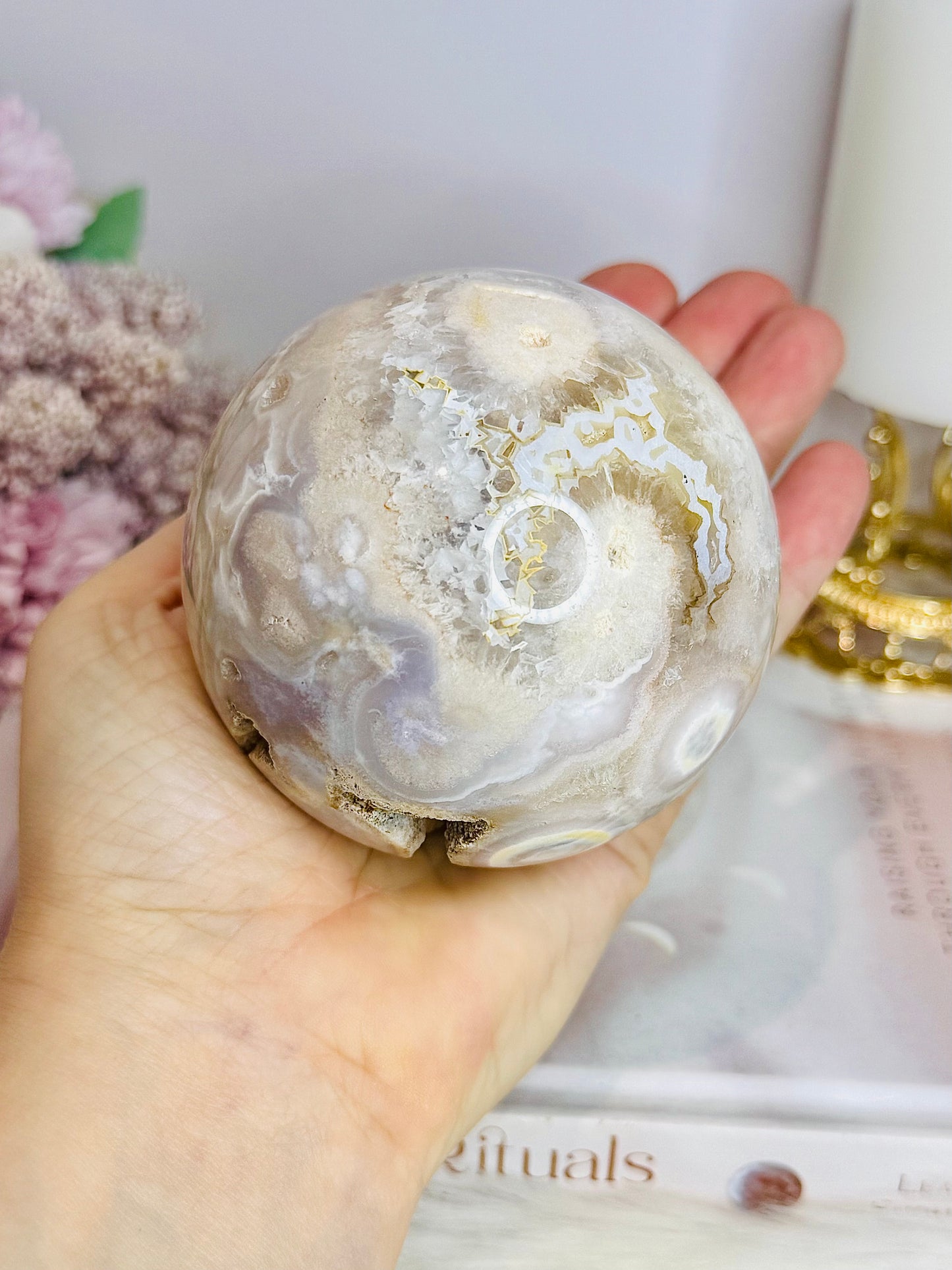 Large Flower Agate Druzy Sphere 646g On Stand