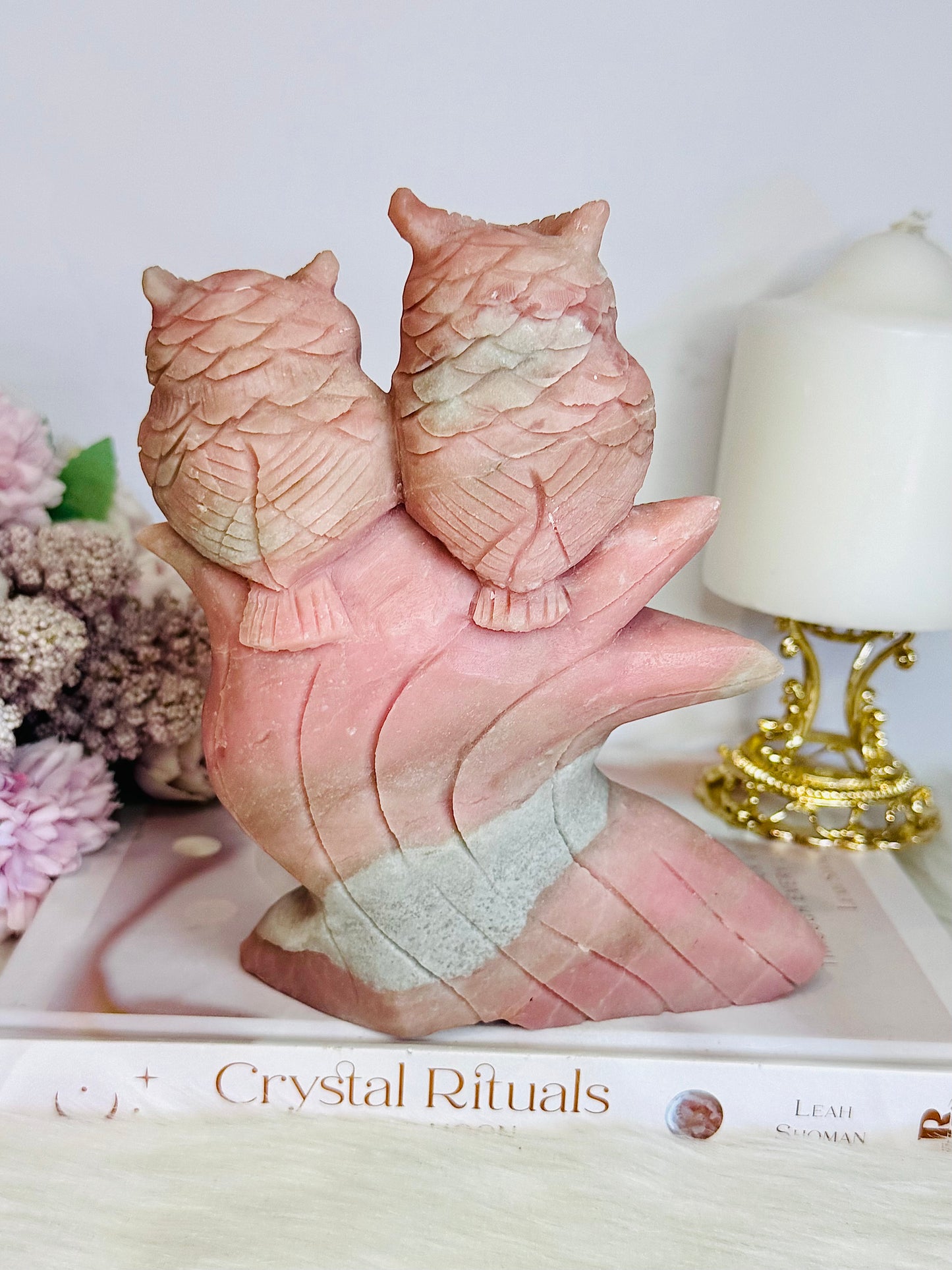 Incredibly Carved Huge Pink Opal Owls 16.5cm 1.15KG Just Perfect!