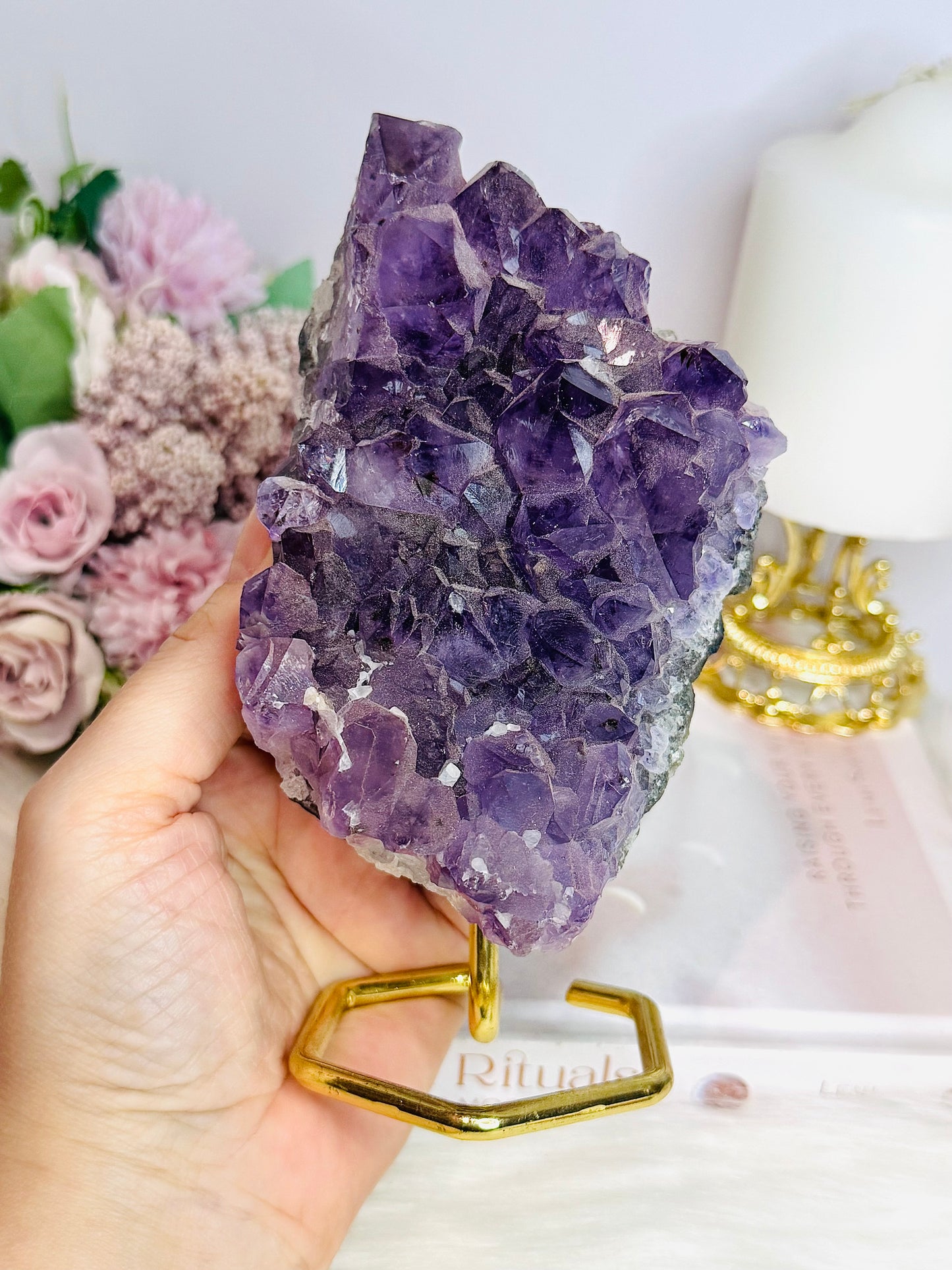 Large Natural Amethyst Cluster On Gold Stand 16cm 625g