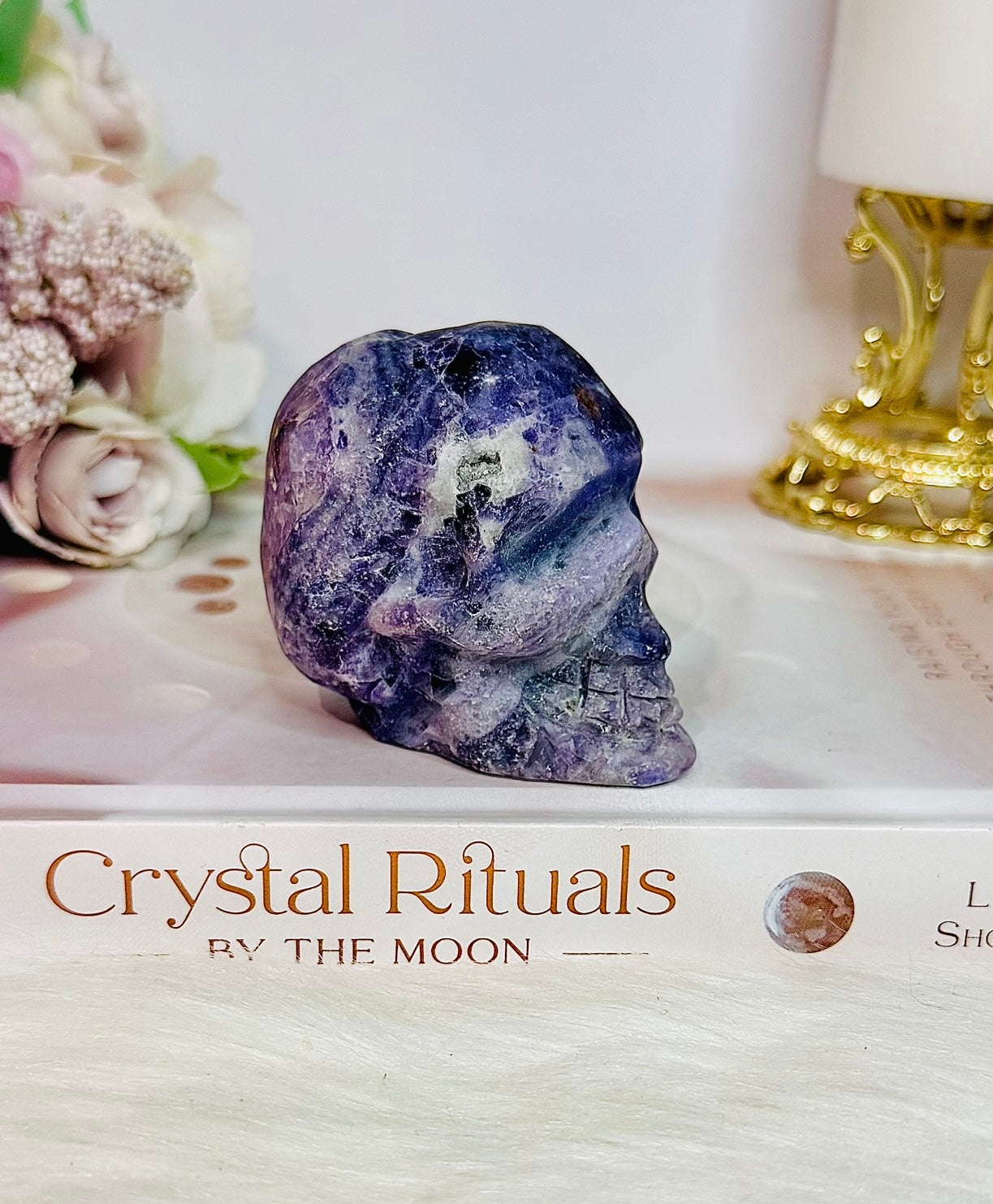 Purple Root Fluorite Carved Skull 288grams