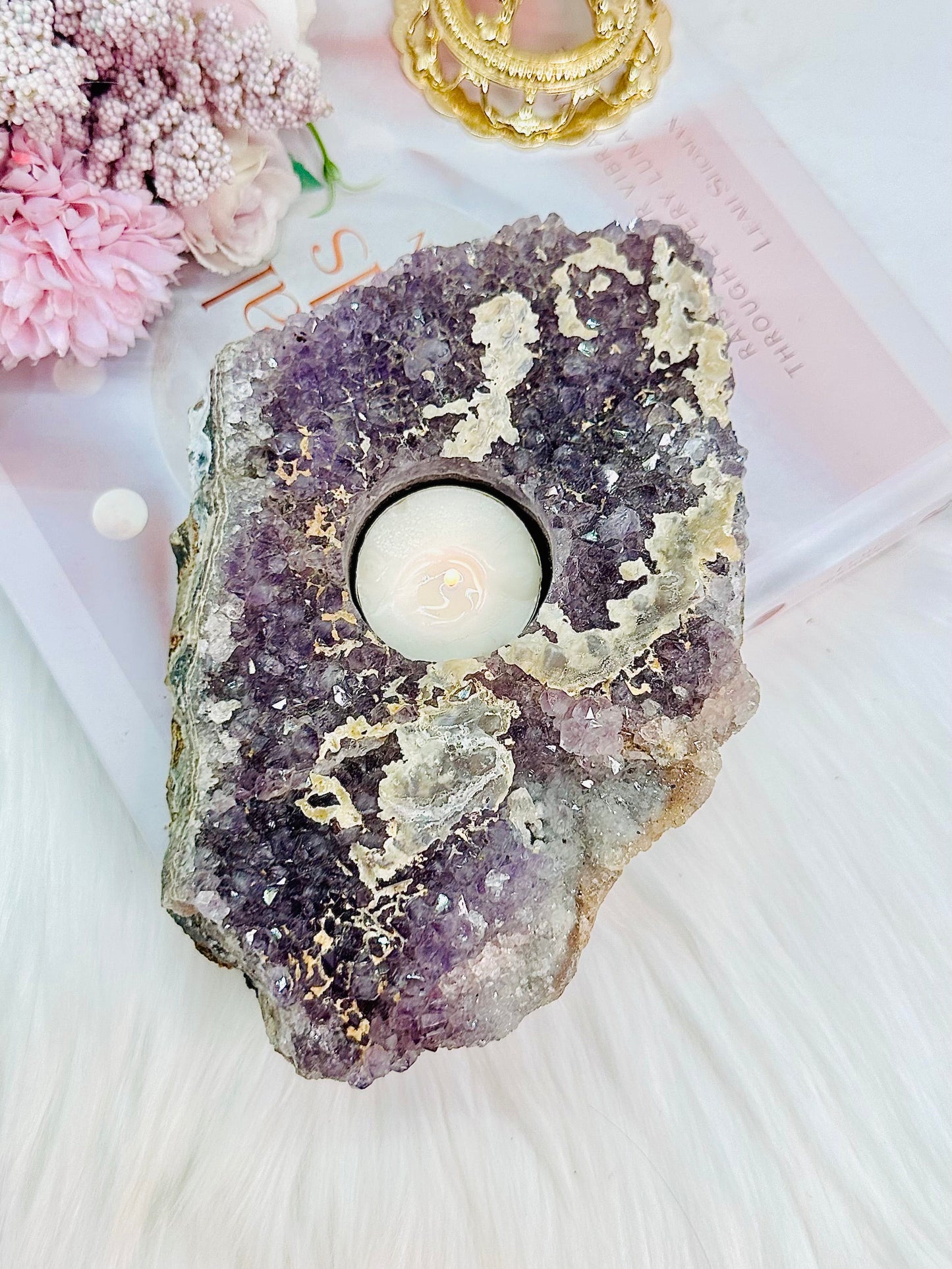 Large 1.26KG 20cm Amethyst Cluster Candle Holder With Calcite Inclusions From Brazil