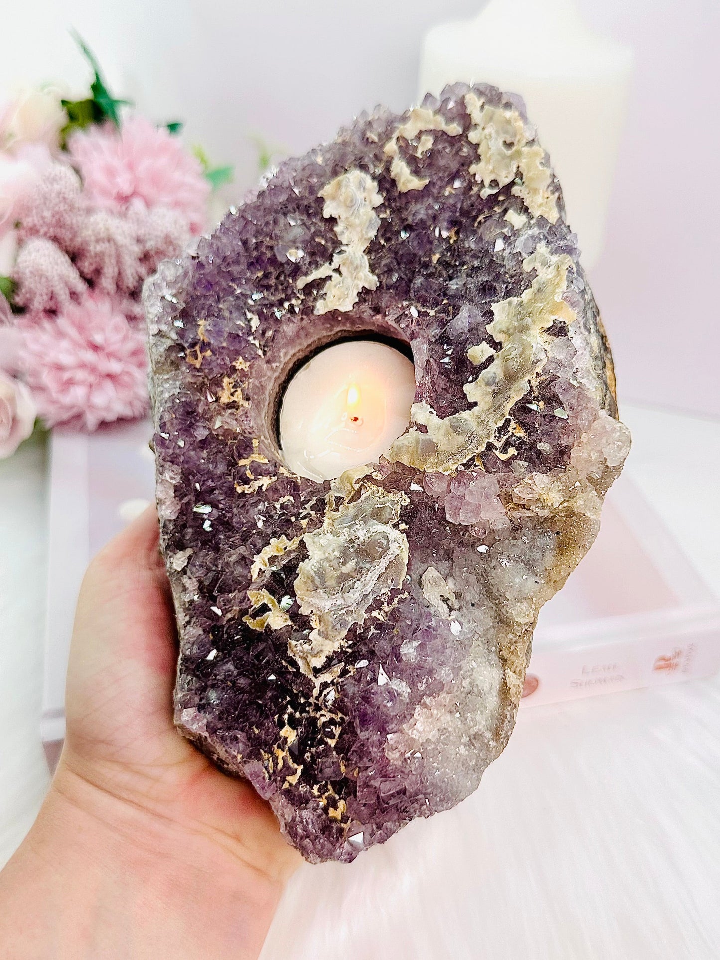 Large 1.26KG 20cm Amethyst Cluster Candle Holder With Calcite Inclusions From Brazil